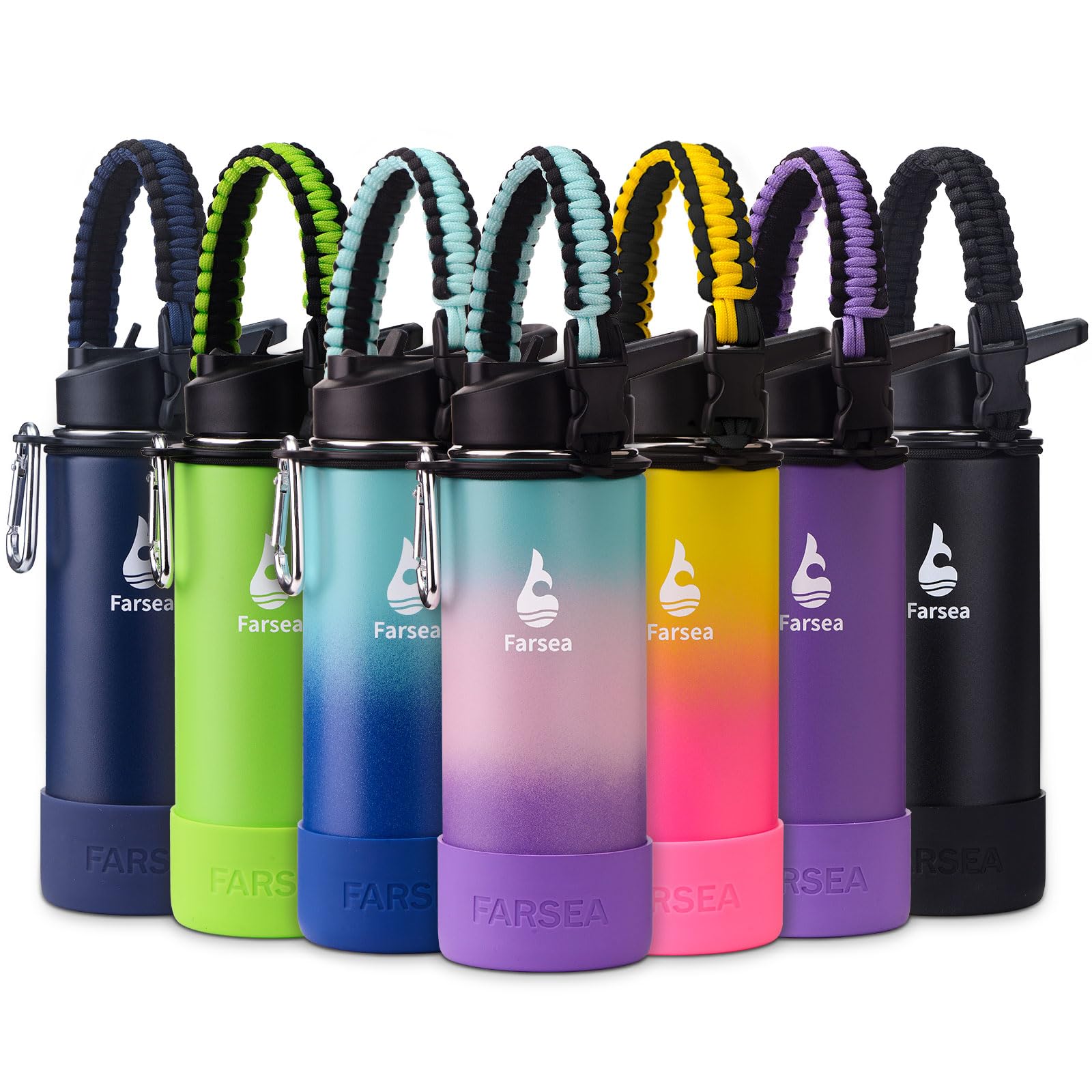 Farsea Insulated Water Bottle With Paracord Handle, Protective Boot And 2 Lids (Straw Lid)