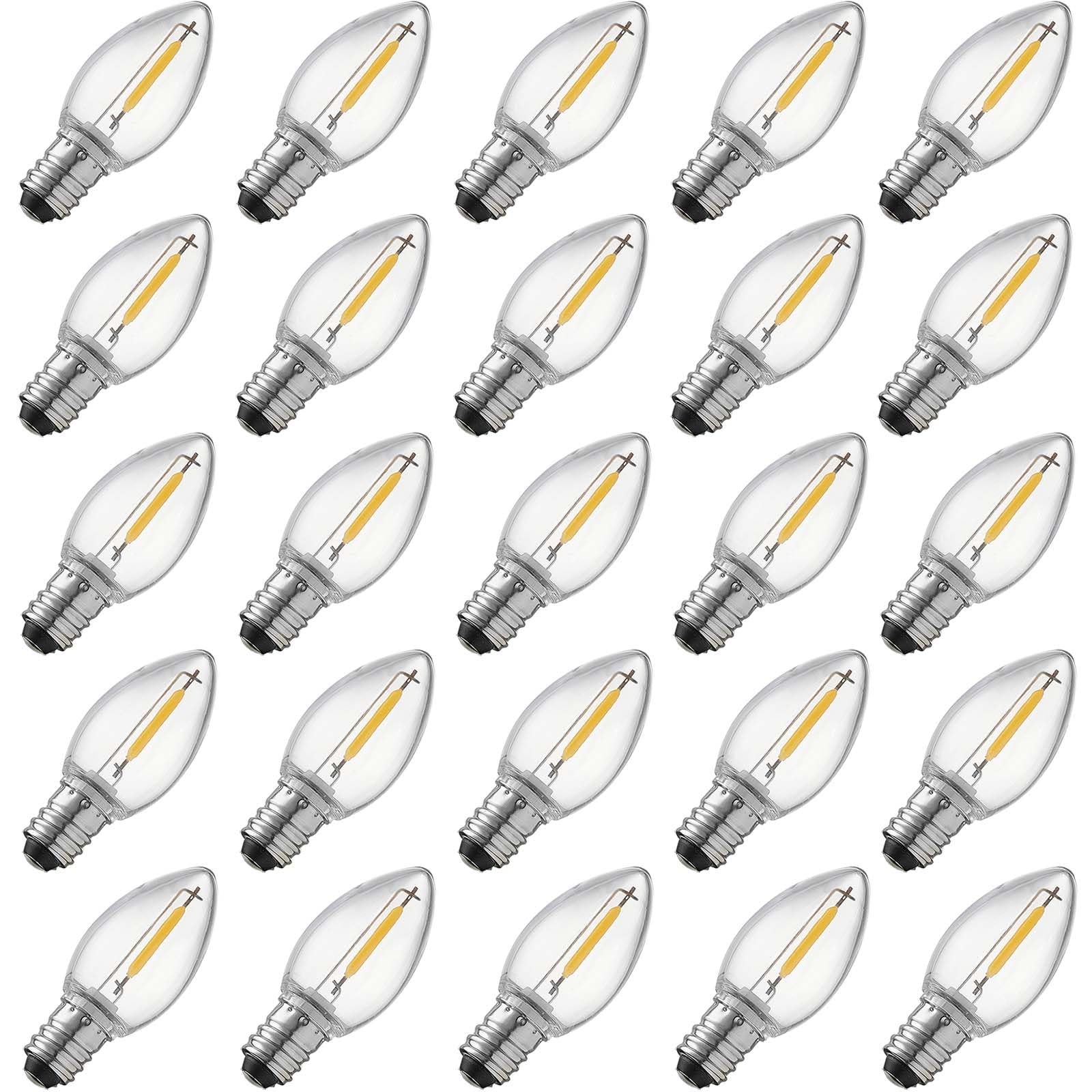 Abulber 25 Pack C7 Led Replacement Light Bulb,Shatterproof,Waterproof,Plastic Led Bulbs For Christmas Indoor Outdoor String Lights,E12 Base Warm White