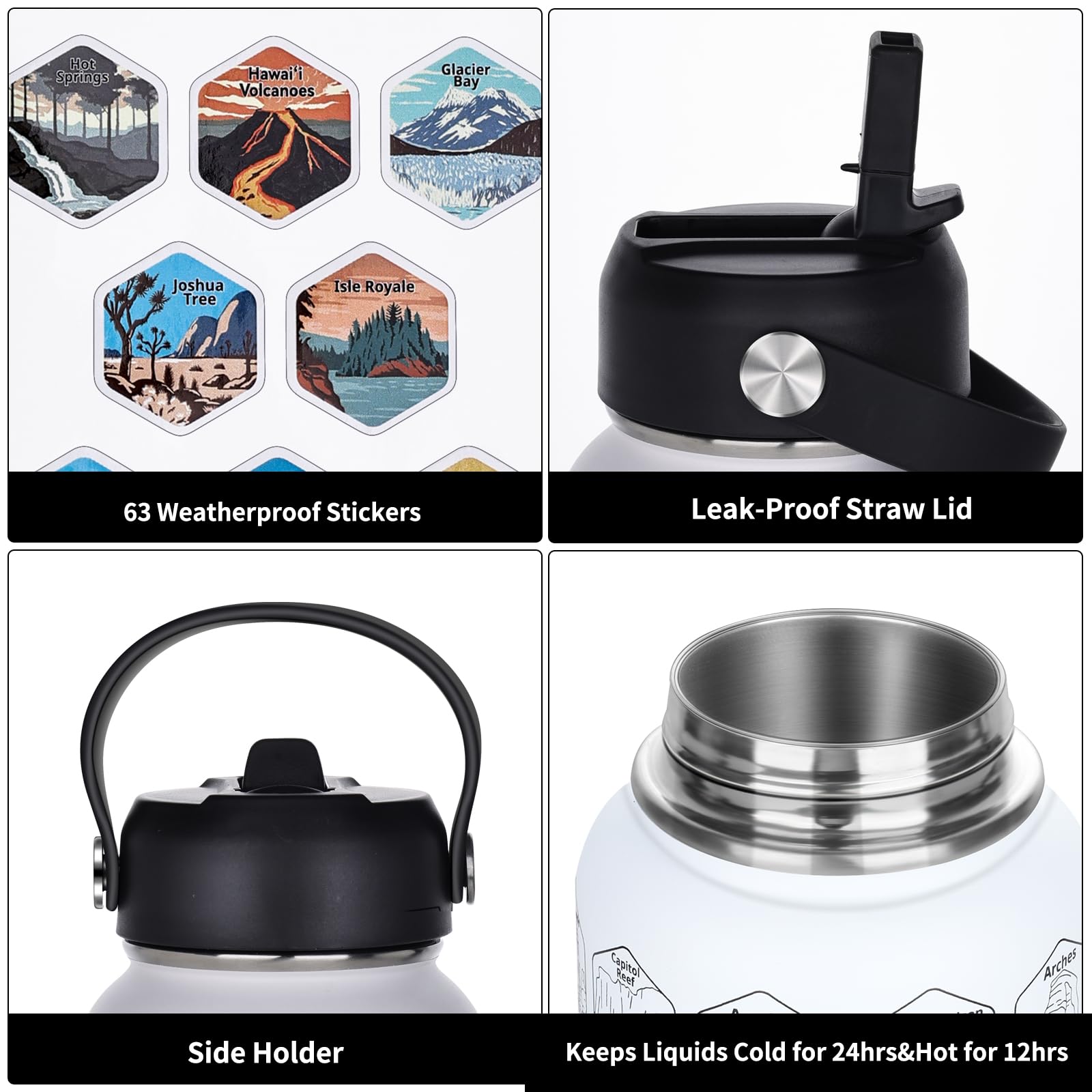 63 National Parks Water Bottle With Water Proof Stickers,32 Oz Leak Proof Insulated Stainless Steel