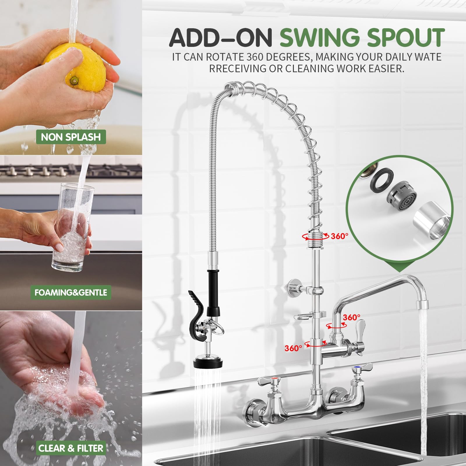 Tolsuny Commercial Sink Faucet,Commercial Kitchen Faucet Wall Mount With Pre Rinse Sprayer,Wall Mounted Kitchen Sink Faucet For Industrial And Restaurant Sinks. (Classic, 36)