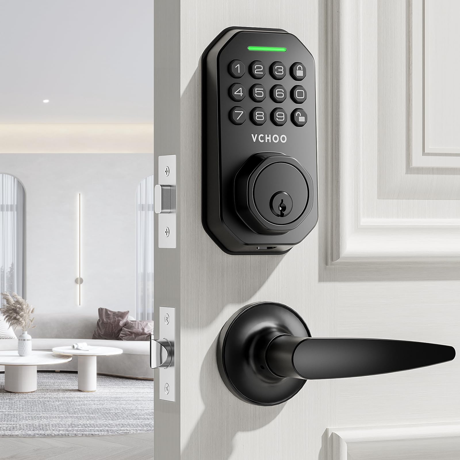 Vchoo Keyless Entry Door Lock Deadbolt With Handle Set Smart Locks For Front Door With Lever Handles Auto Locking, Anti-Peeping Password & Easy Installation For Homes Hotel Bedroom Doors Ip54