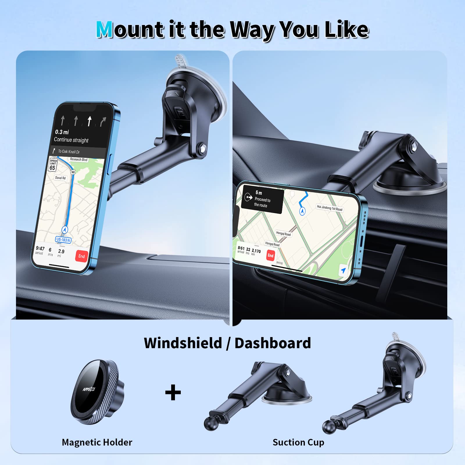 Apps2Car For Magsafe Car Mount, Magnetic Phone Holder For Car Dashboard Windshield Iphone Mount Holder Compatible With Iphone 16 15 14 13 12 Pro Plus Max, 17 Strong Magnets, Charging Not Supported