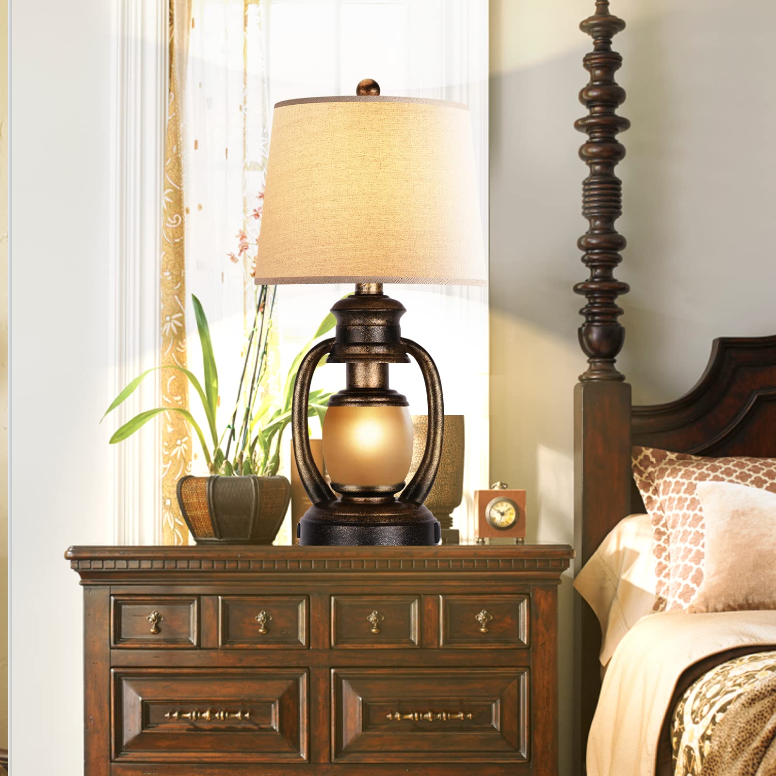 Hamucd Rustic Table Lamps For Living Room Single Lantern Bedside Lamps With Oatmeal Tapered Drum Shades For End Table Bedroom Nightstand Hotel With 2 Usb Ports And One Ac Outlet