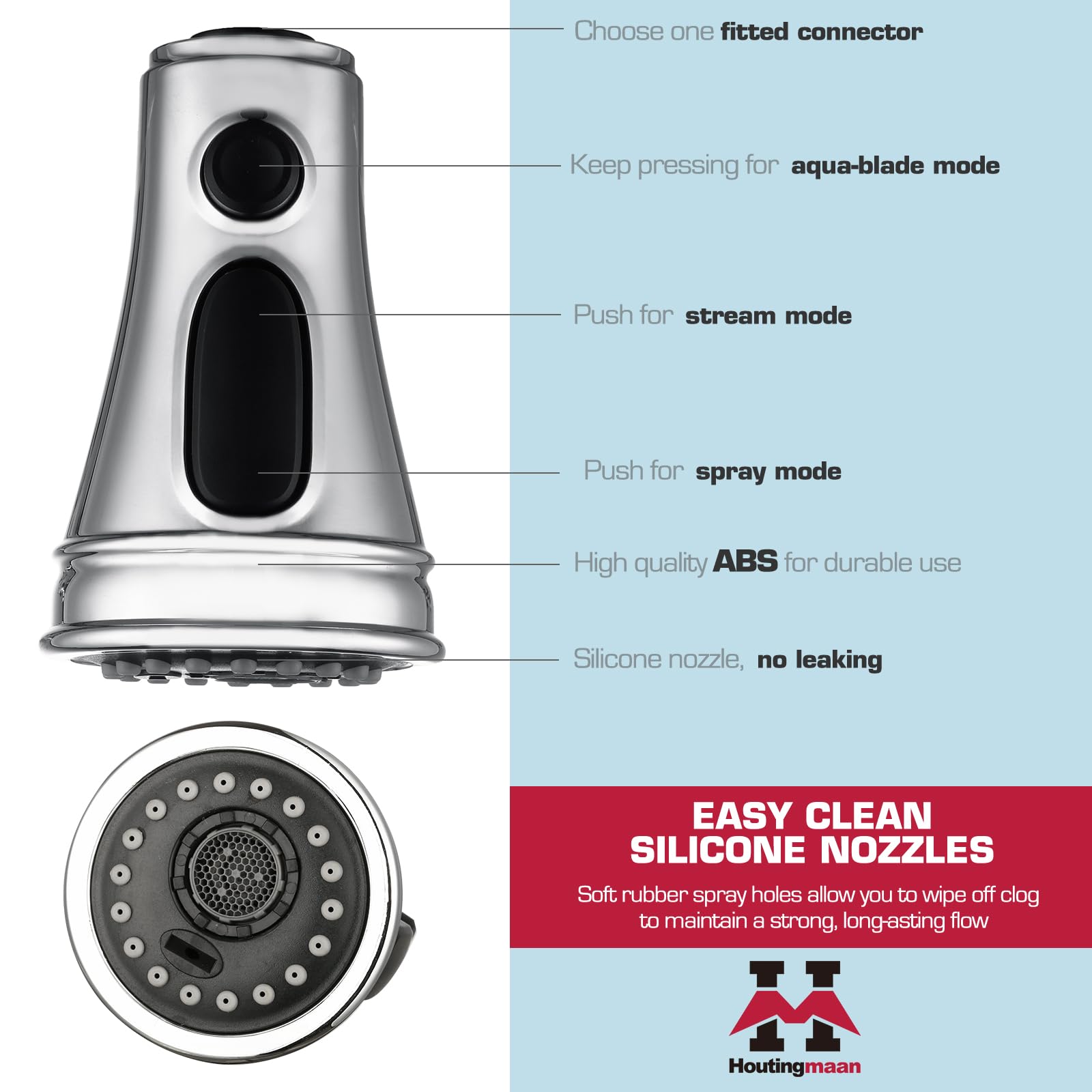 Houtingmaan Kitchen Faucet Head Replacement, 3 Function Pull Down Spray Head, Faucet Sprayer Nozzle With 11 Adapters, Compatible With Delta,Kohler,American Standard,Moen Faucet,Sink Faucet Head Chrome