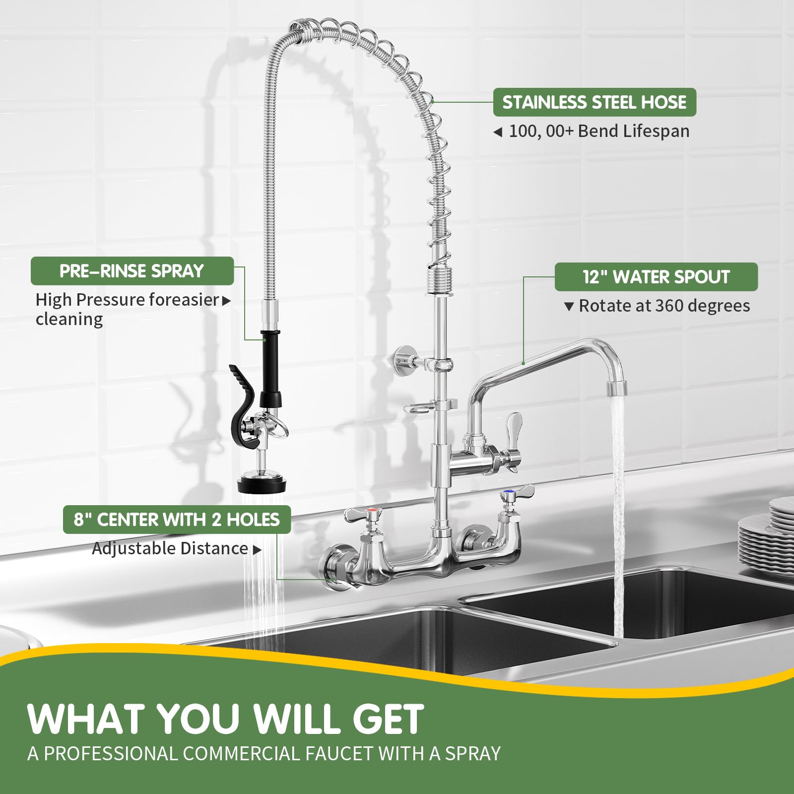 Tolsuny Commercial Sink Faucet,Commercial Kitchen Faucet Wall Mount With Pre Rinse Sprayer,Wall Mounted Kitchen Sink Faucet For Industrial And Restaurant Sinks. (Classic, 36)