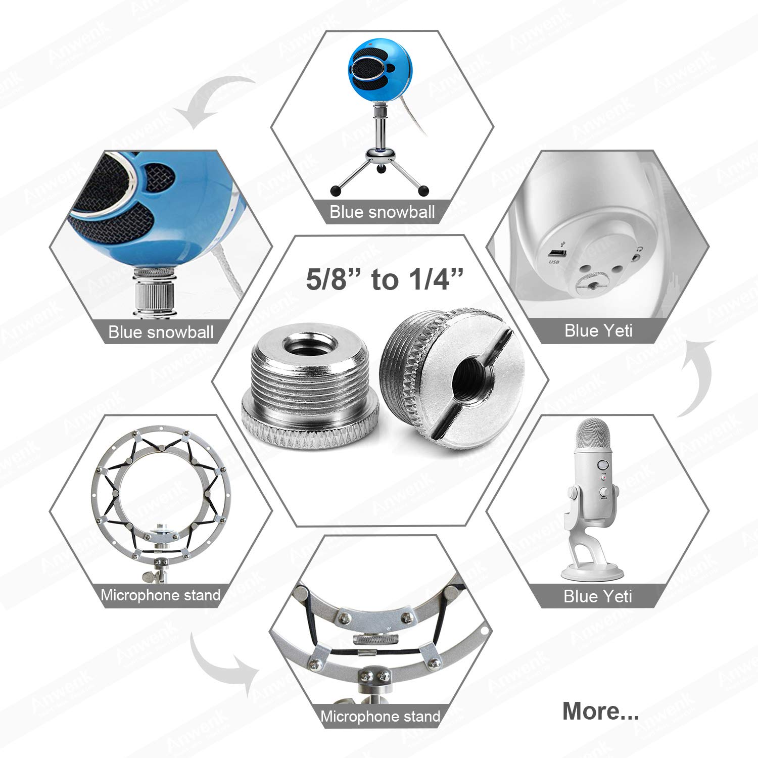 Anwenk Mic Stand Adapter 5/8 To 1/4 Adapter Male To Female Mic Screw Adapter Microphone Stand Adapter Camera Tripod Microphone Accessory For Tripod Stand/Mic Microphone Stand Mount,2Pack