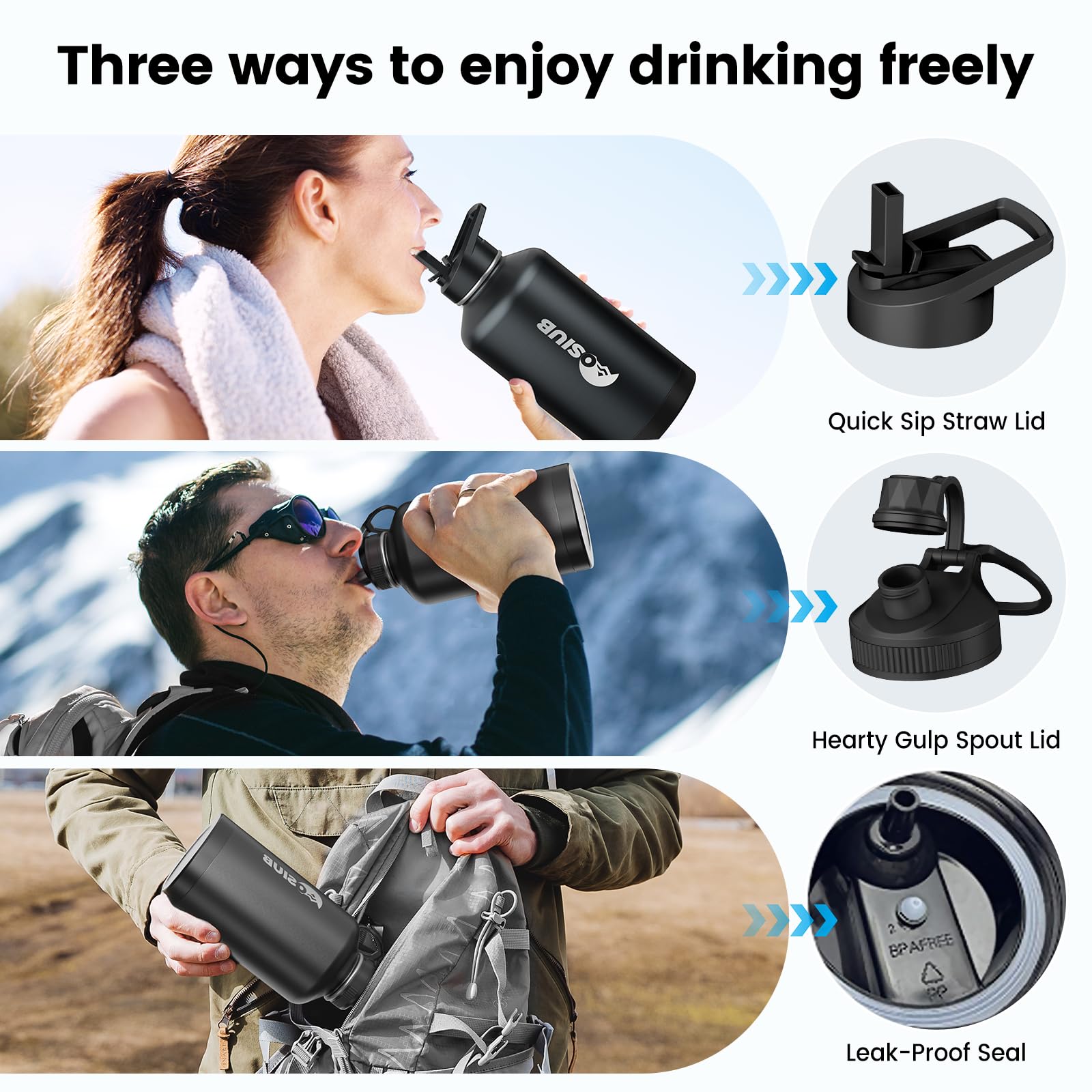 Insulated Water Bottle 64 Oz, Triple Wall Vacuum Stainless Steel(Cold For 48 Hrs),Leak Proof &