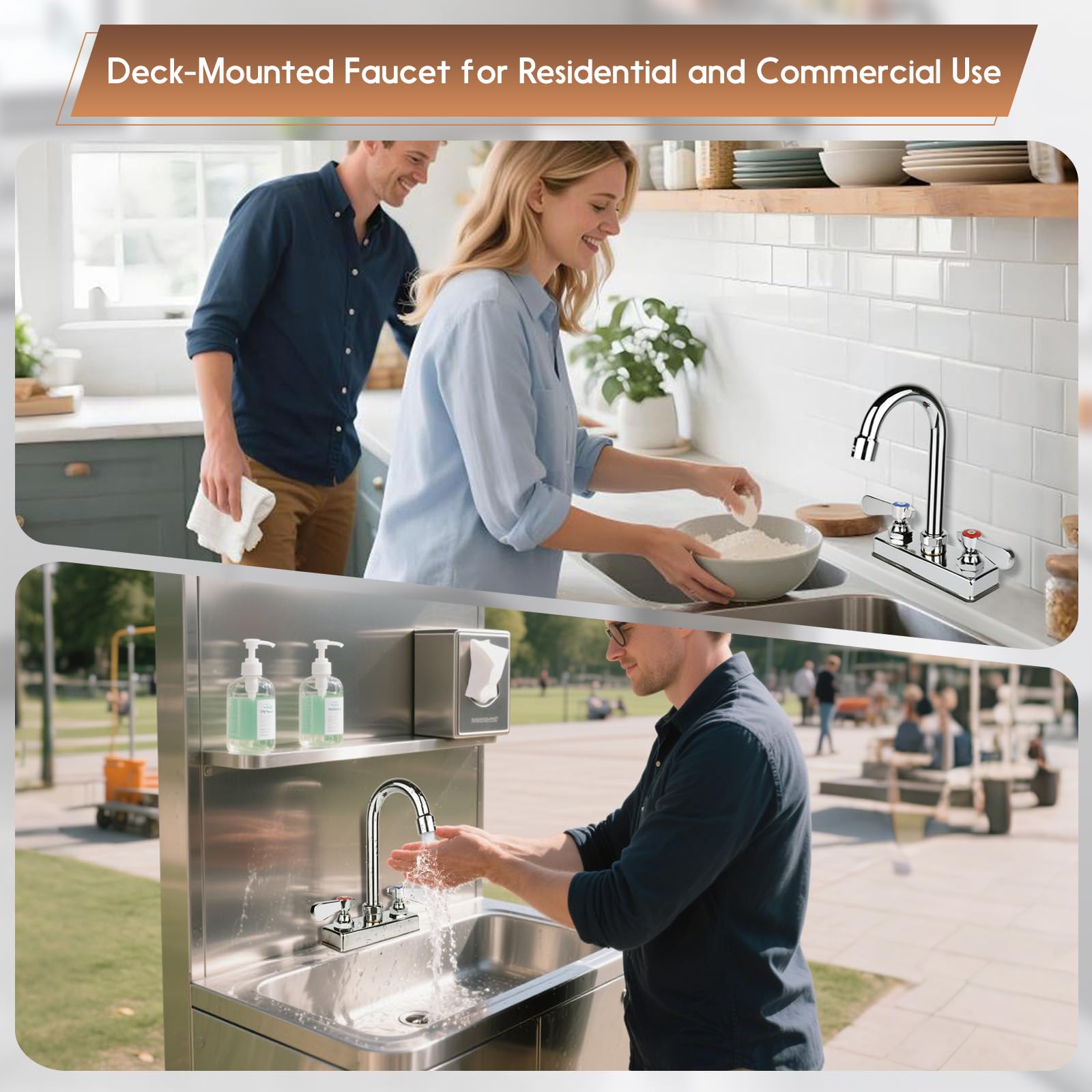 Zkdausdo Leak- Commercial Bar Sink Faucet 4" Center With Ceramic Valve, Deck Mount Hand Sink Faucet With 3-1/2" Gooseneck Spout, Dual Lever Handles, Brass Constructed, Commercial Grade