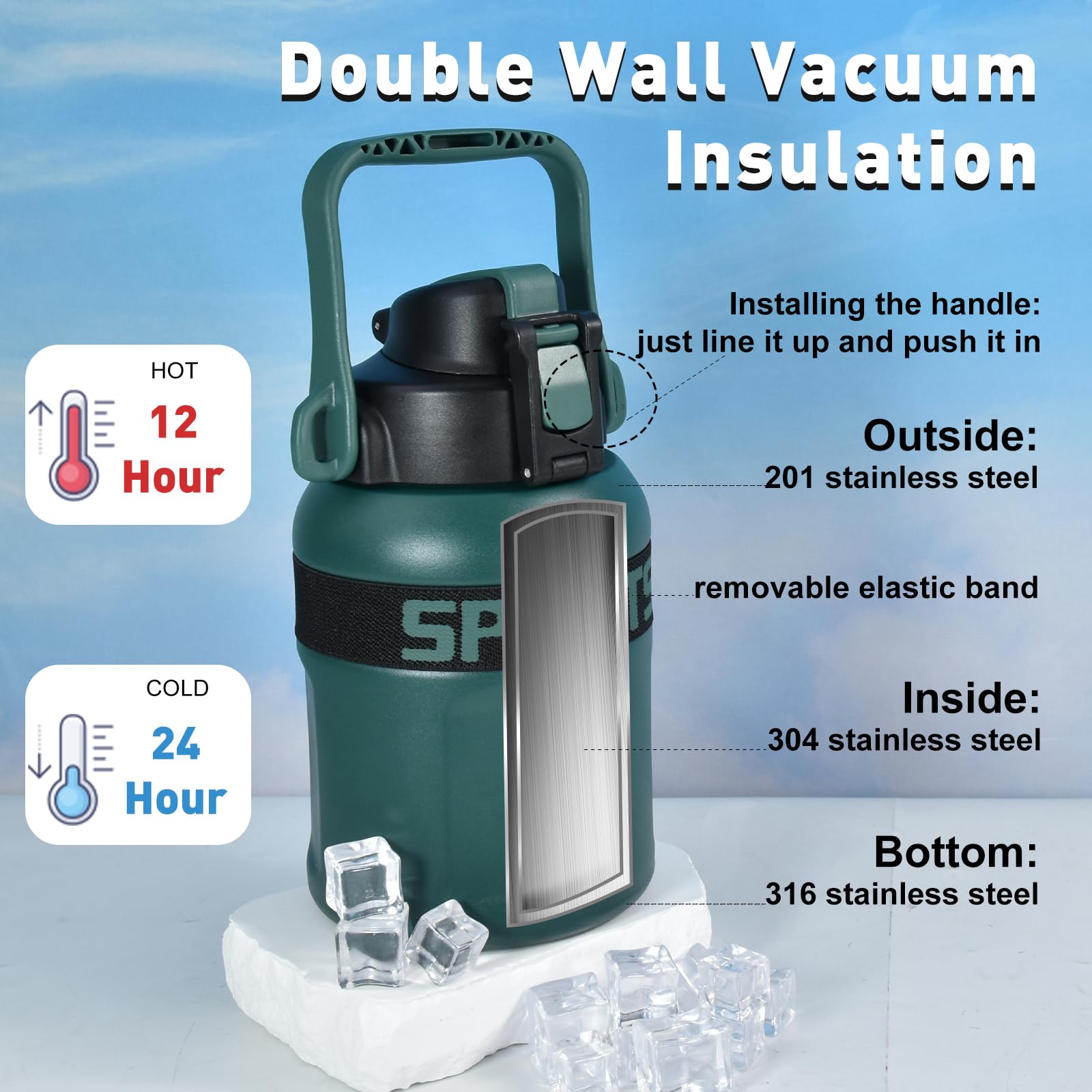 Large insulated water bottle with handle for athletes and daily hydration