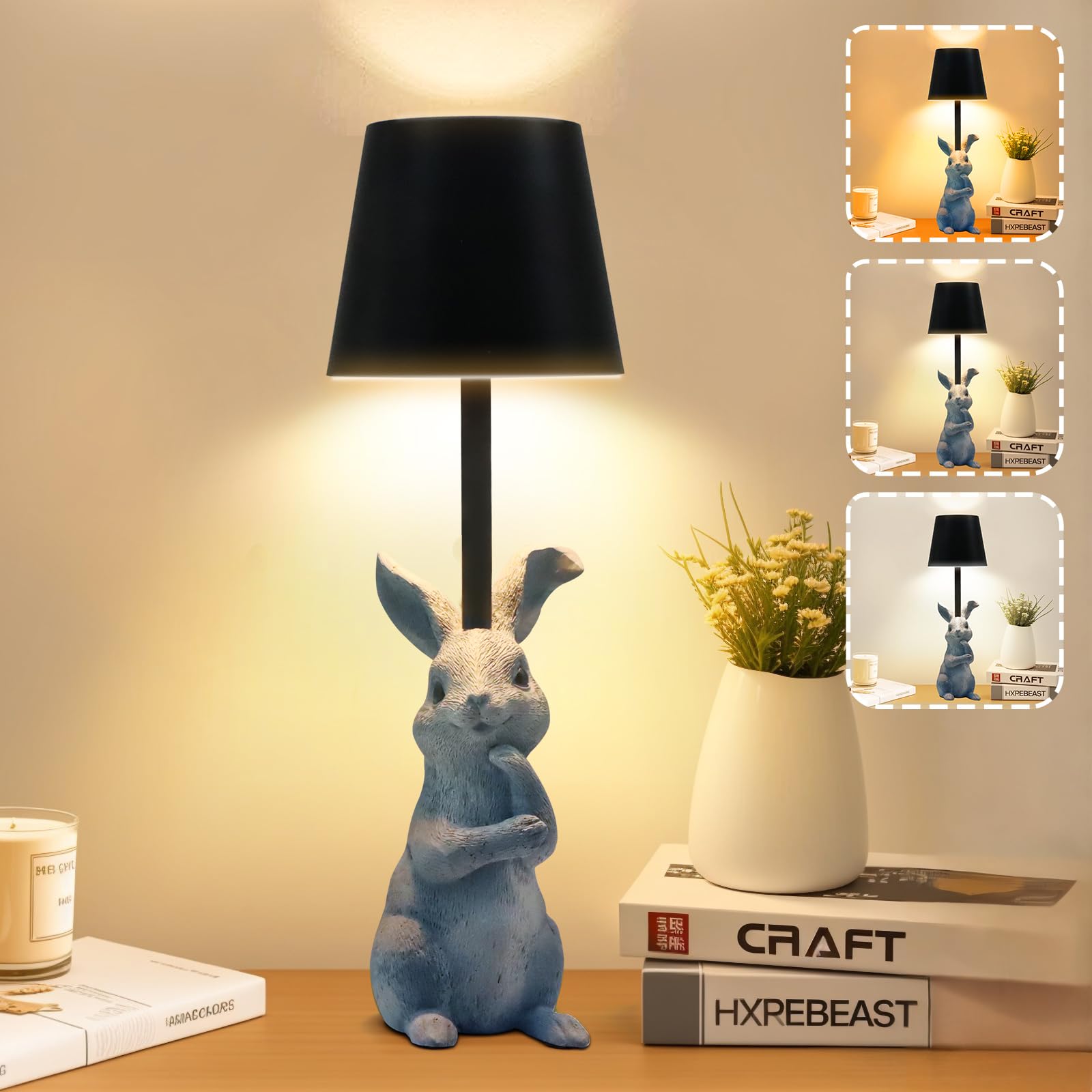 Tynled Rabbit Lamp Birthday For Women Girls, 3 Color Dimmable Nightstand Lamp Beside Table Lamp Touch Control Lamp Usb C Charging Port Battery Animal Lamp For Bedroom Dining Room Office Dorm