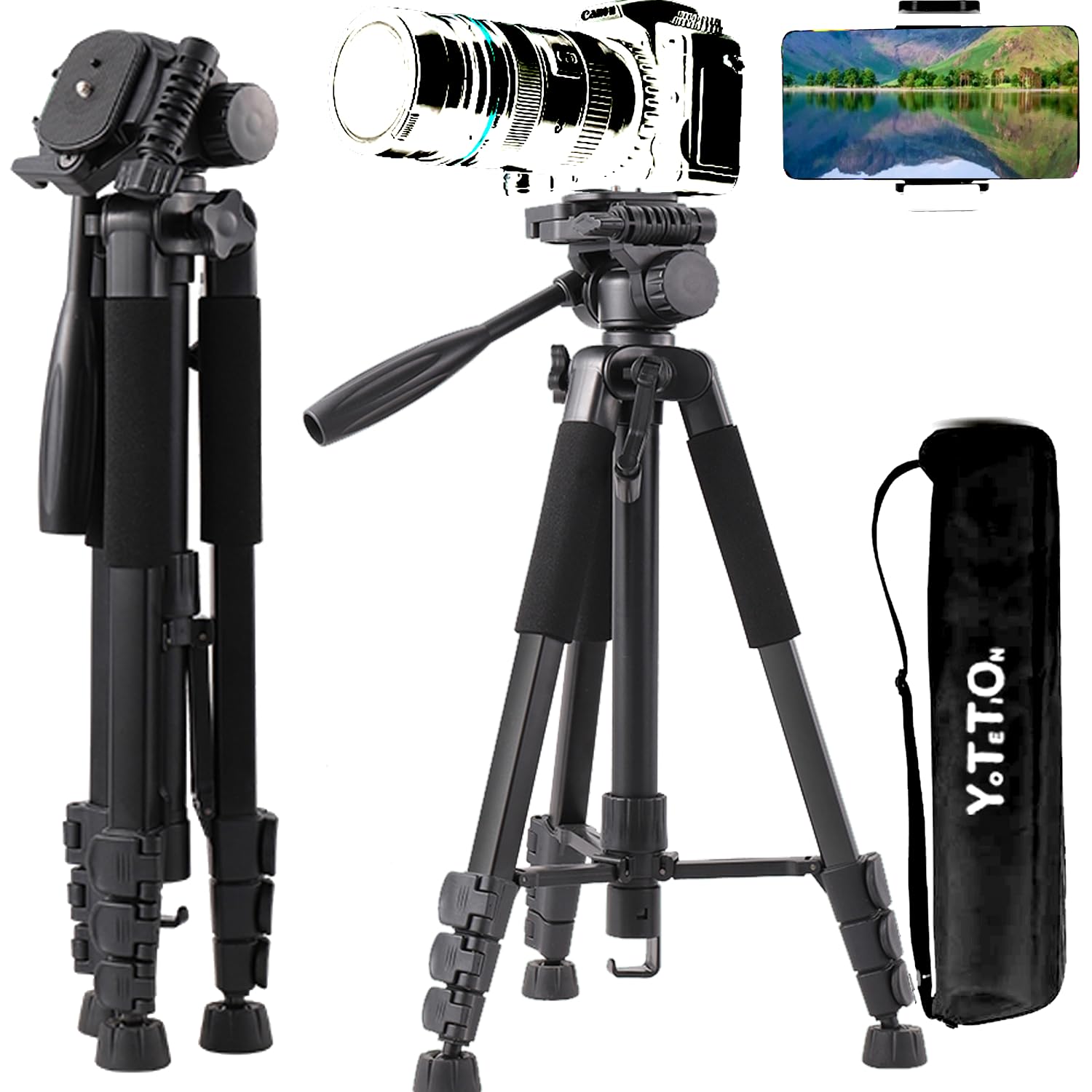 Yotetion 60" Aluminum Phone & Camera Tripod, Extendable Cell Phone Tripod Stand Compatible With Iphone/Android/Action Camera Is Perfect For Live Streaming/Video Recording/Selfies
