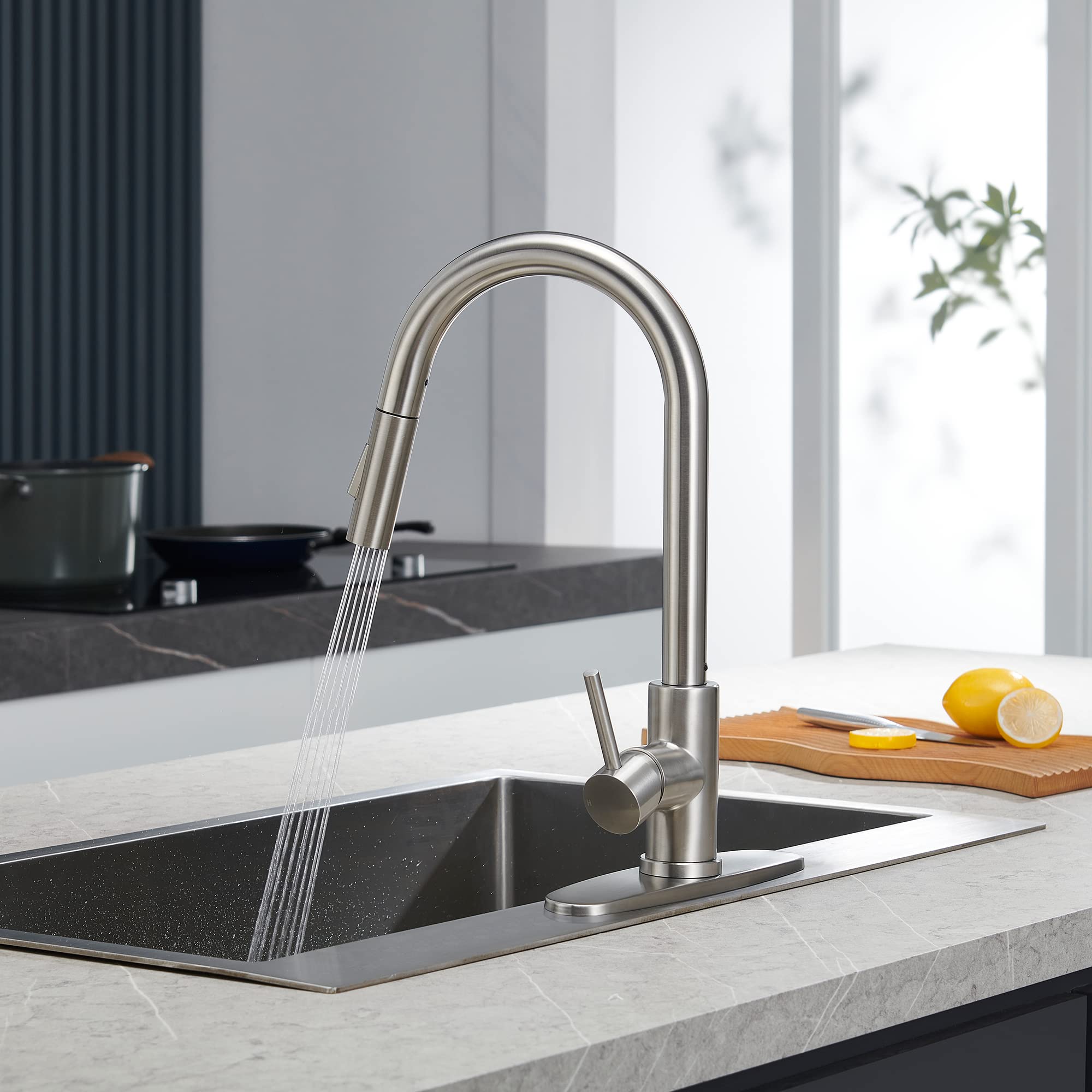 Tohlar Kitchen Sink Faucets With Pull-Down Sprayer, Modern Stainless Steel Single Handle Pull Down Sprayer Faucet With Deck Plate
