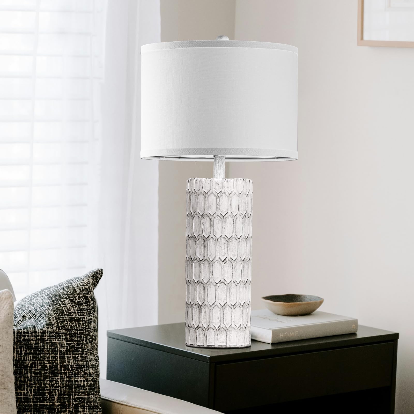 Spclsim 26" Farmhouse Table Lamps For Bedrooms Set Of 2, Traditional Tall End Table Lamps For Living Room,Rustic Bedside Nightstand Lamps With Grey-White Resin Body White Fabric Shade,Bulbs Included