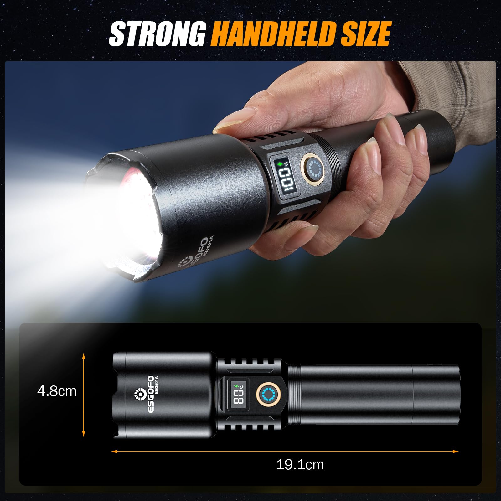 Esgofo Rechargeable Flashlights High Lumens 2000 Long Range 3280Ft, Super Bright Handheld Strong Led Flashlight Long Lasting 15H, Powerful Flash Light Usb C, Zoomable 5 Modes, For Camping Hiking