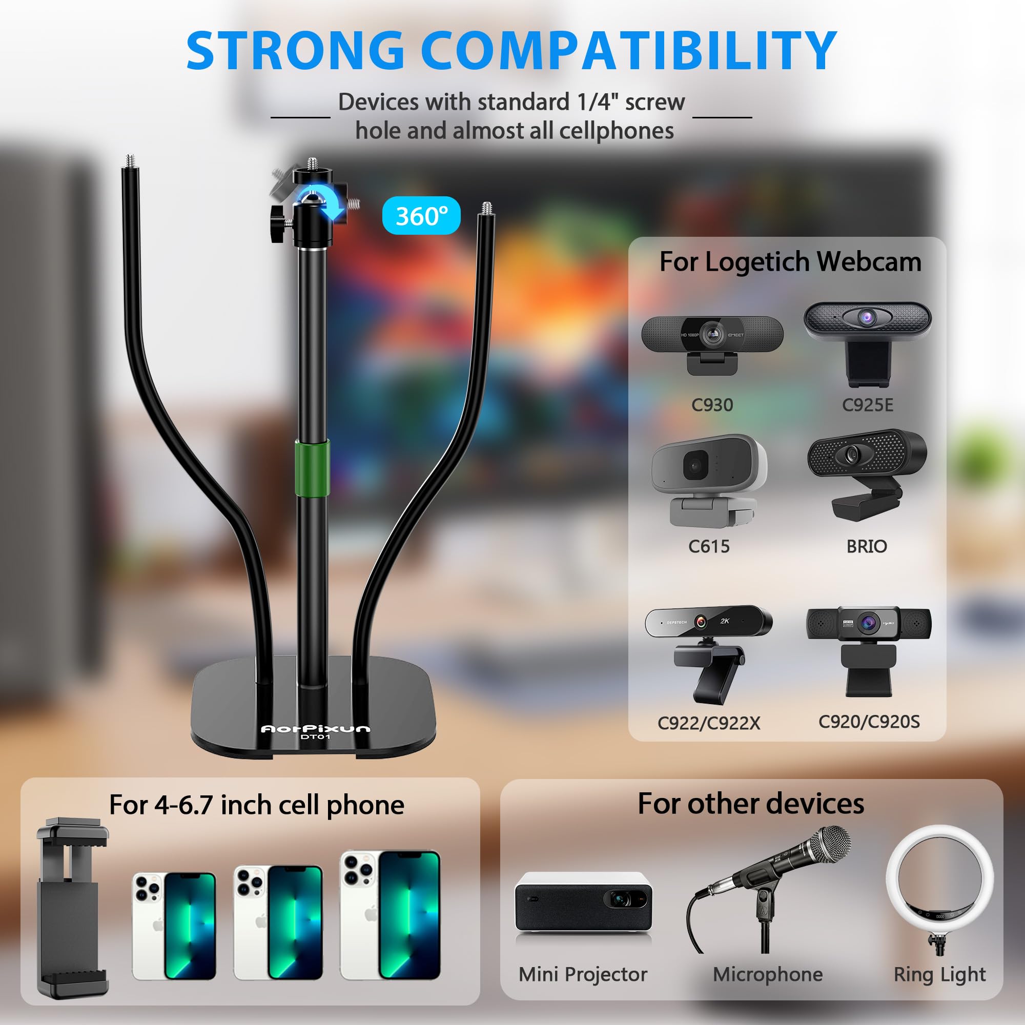 Aorpixun Webcam Stand For Desk 3 In 1 Flexible Webcam Mount Computer Camera Stand Desktop Microphone Stand With Phone Clip For Logitech Webcam Series, Ring Light, Phone, Mic And 1/4" Screw Device