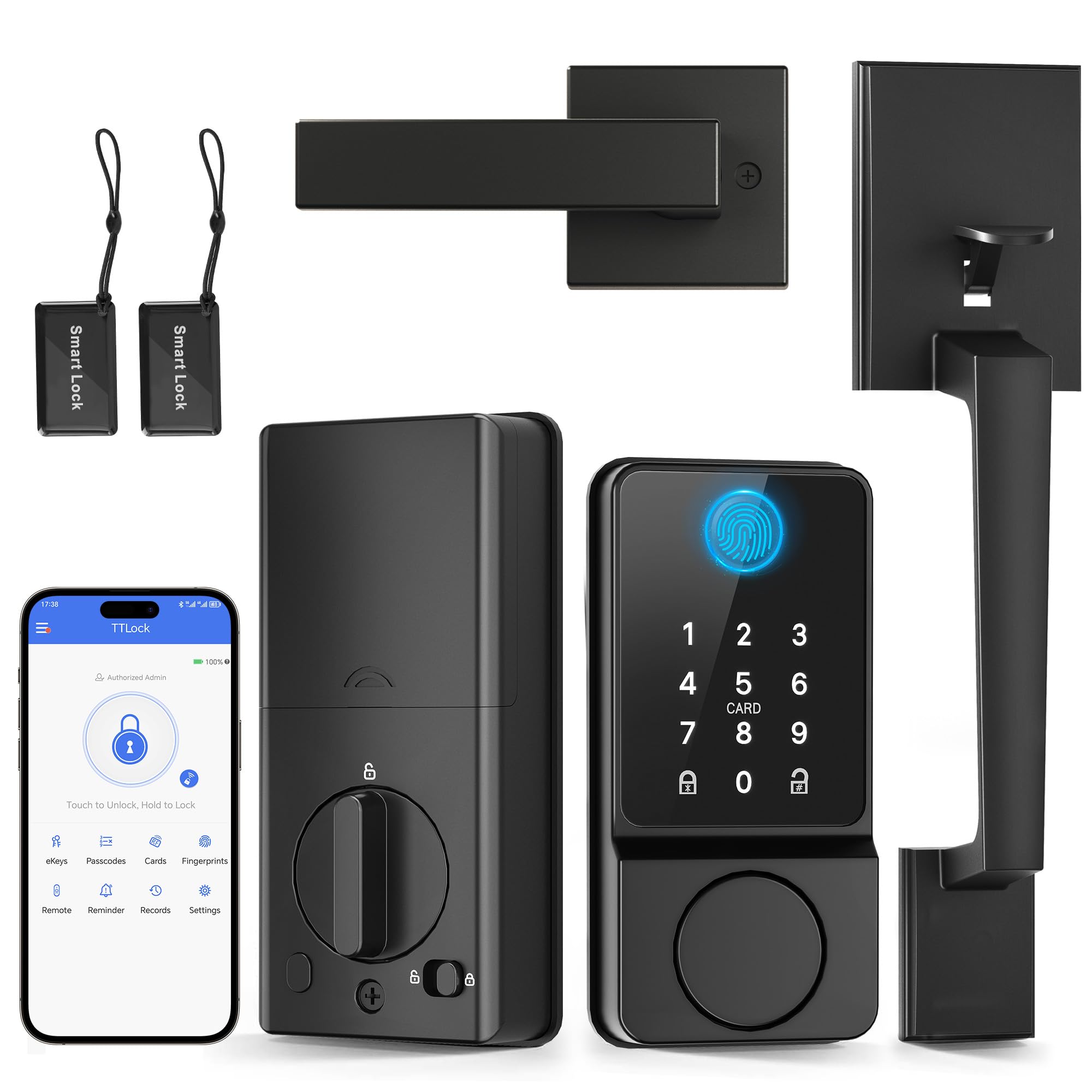 Powify Keyless Entry Door Lock With Handle, App Control Smart Front Lock Set, Keypad Door Lock With Handle, Keypad Deadbolt Auto Lock, Easy To Install, Bluetooth, Black