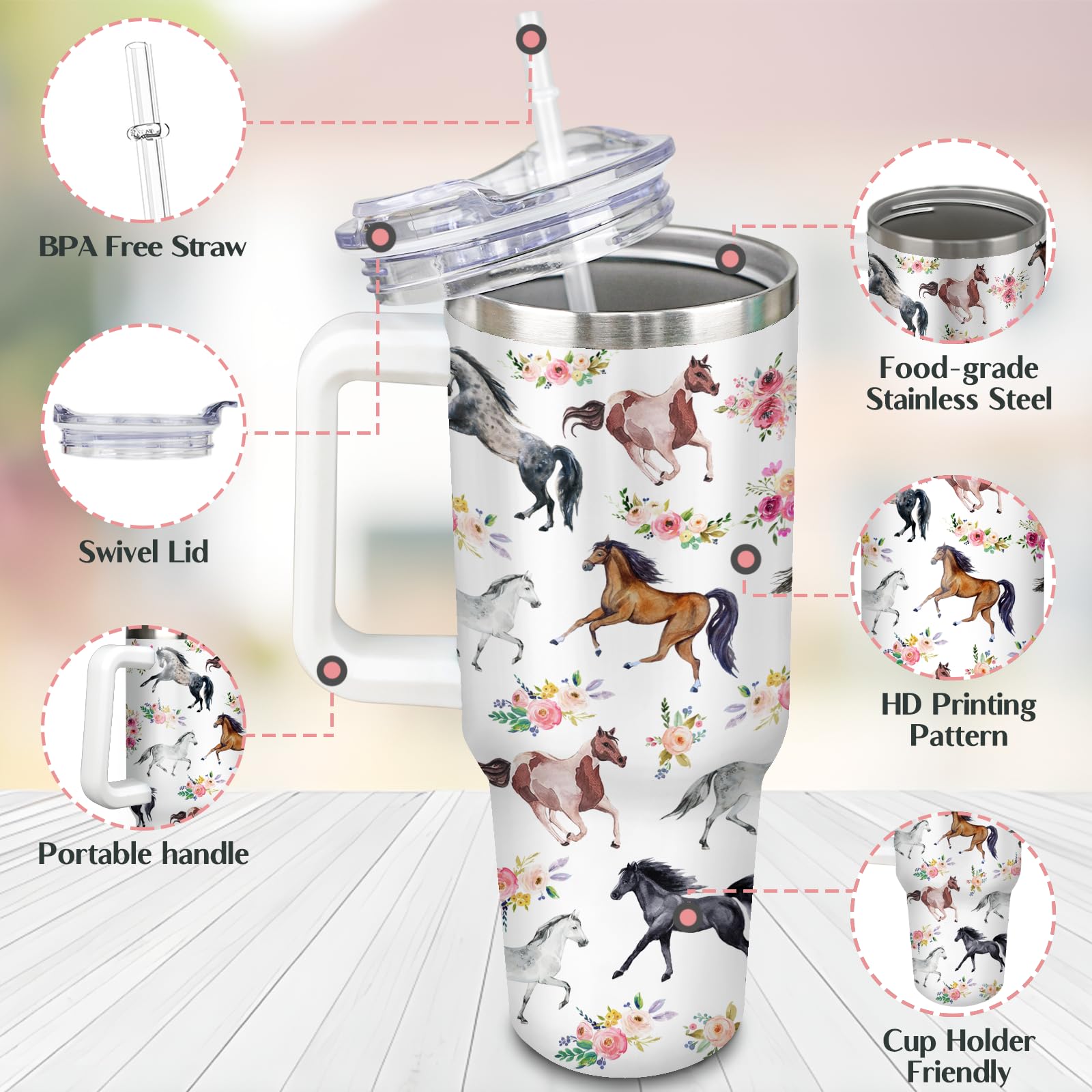 30 Oz Horse Tumbler With Handle And Straw, Floral Stainless Steel Vacuum Insulated Travel Coffee