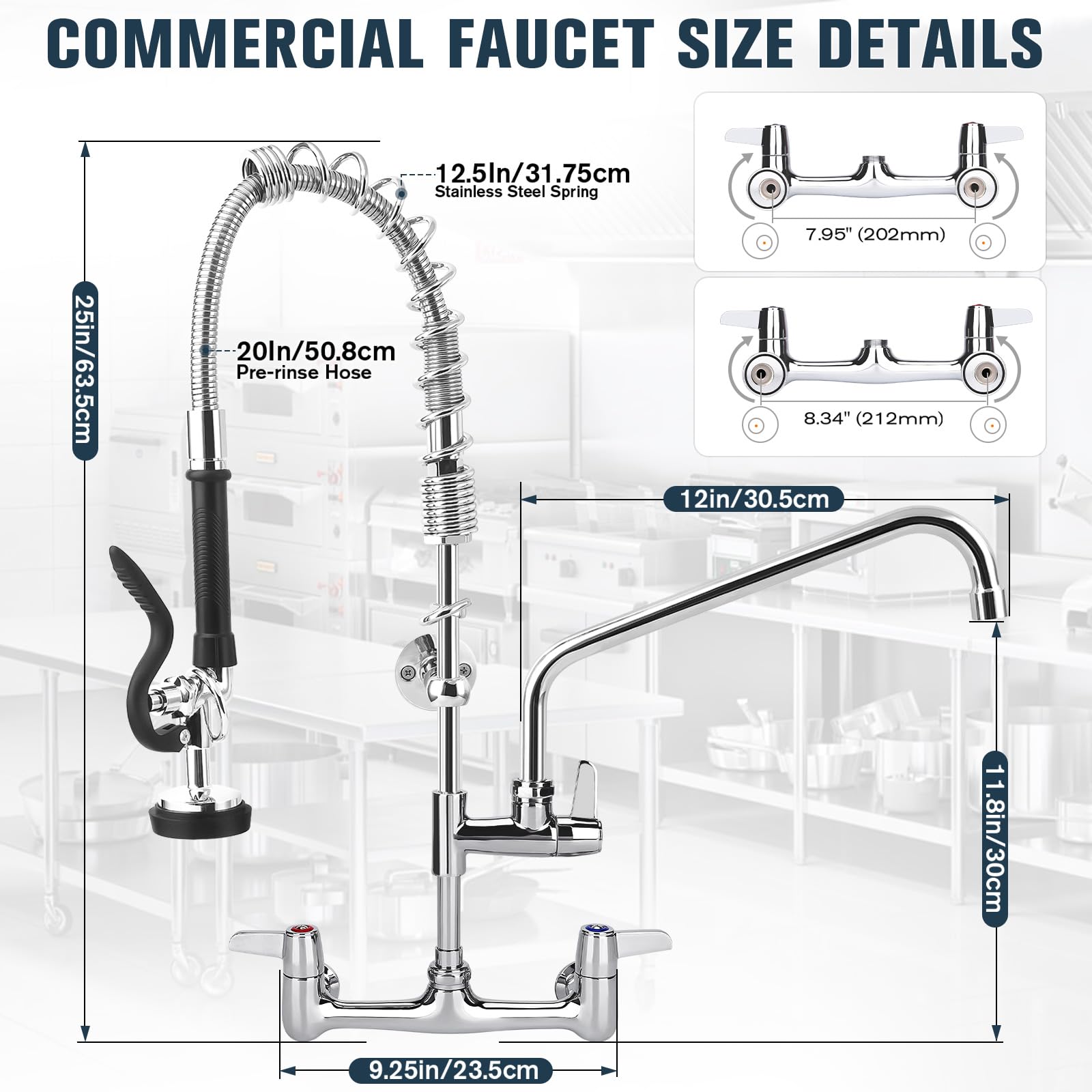 Bzimak Commercial Faucet With Sprayer, 25 Inch Height Commercial Sink Faucet Wall Mount With 8" Adjustable Center And 12" Add-On Swing Spout & Pull Down Pre Rinse Sprayer