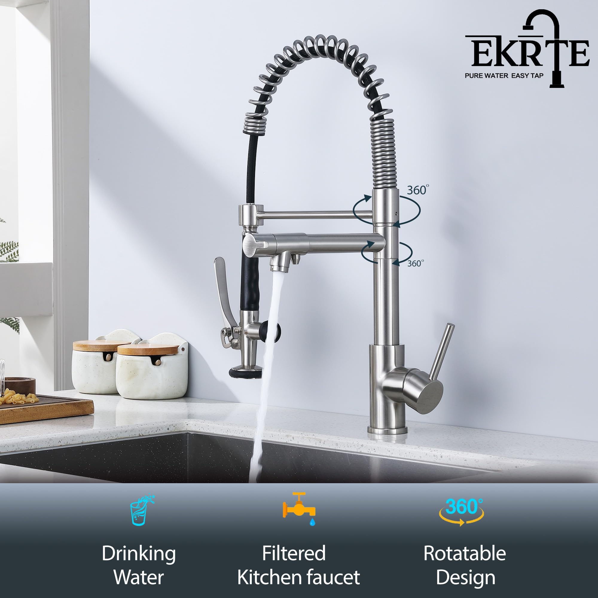 Ekrte Kitchen Sink Faucet With Pull Down Sprayer, 3 In 1 Water Filter Purifier Faucets, Heavy Duty Commercial Style Kitchen Faucet,Brushed Nickel Filter Water Kitchen Faucet