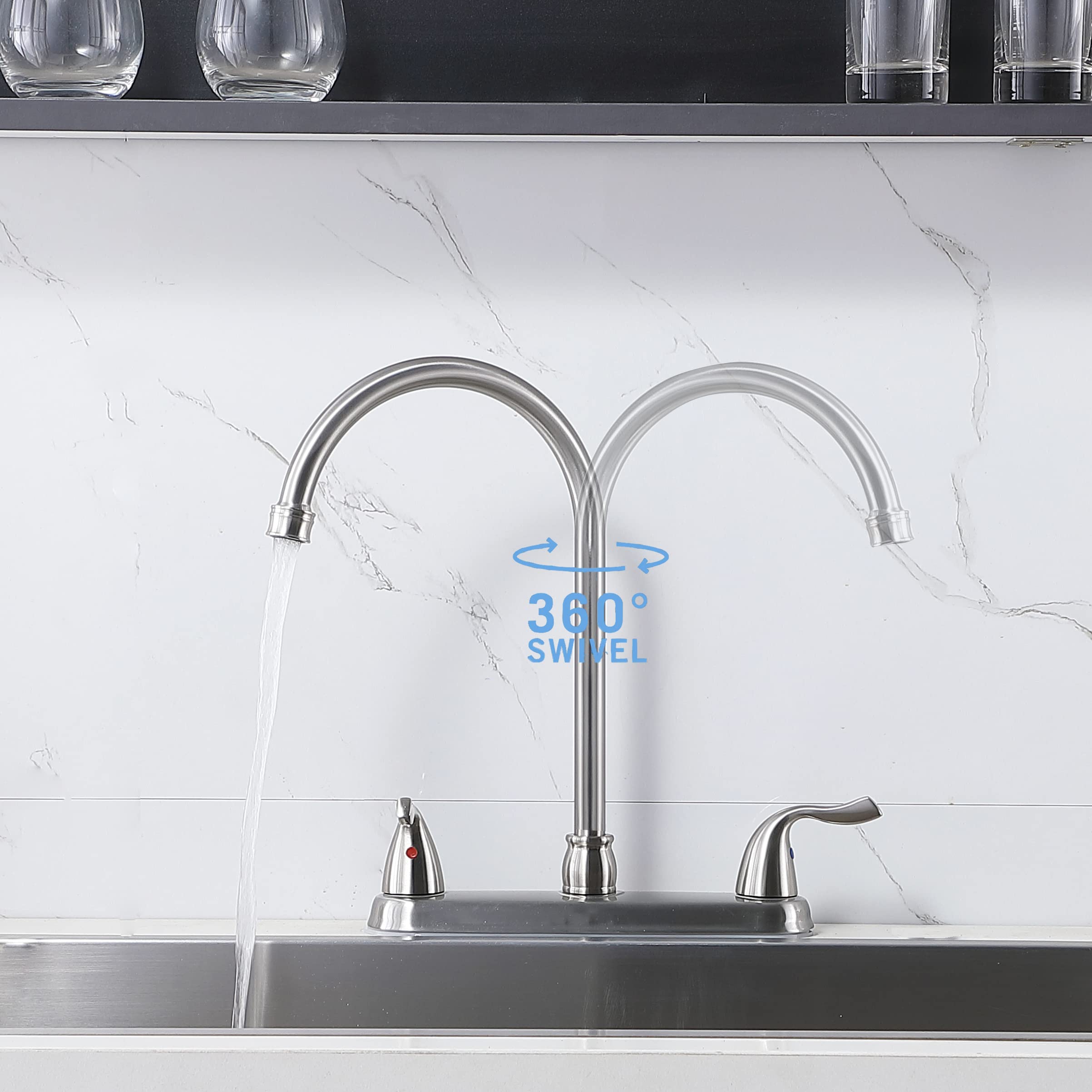 Hotis Home Brushed Nickel Kitchen Faucet, 2 Handle 3 Or 4 Hole Kitchen Faucet Without Sprayer, High Arc Swivel Spout Stainless Steel Sink Faucet For Rv Camper