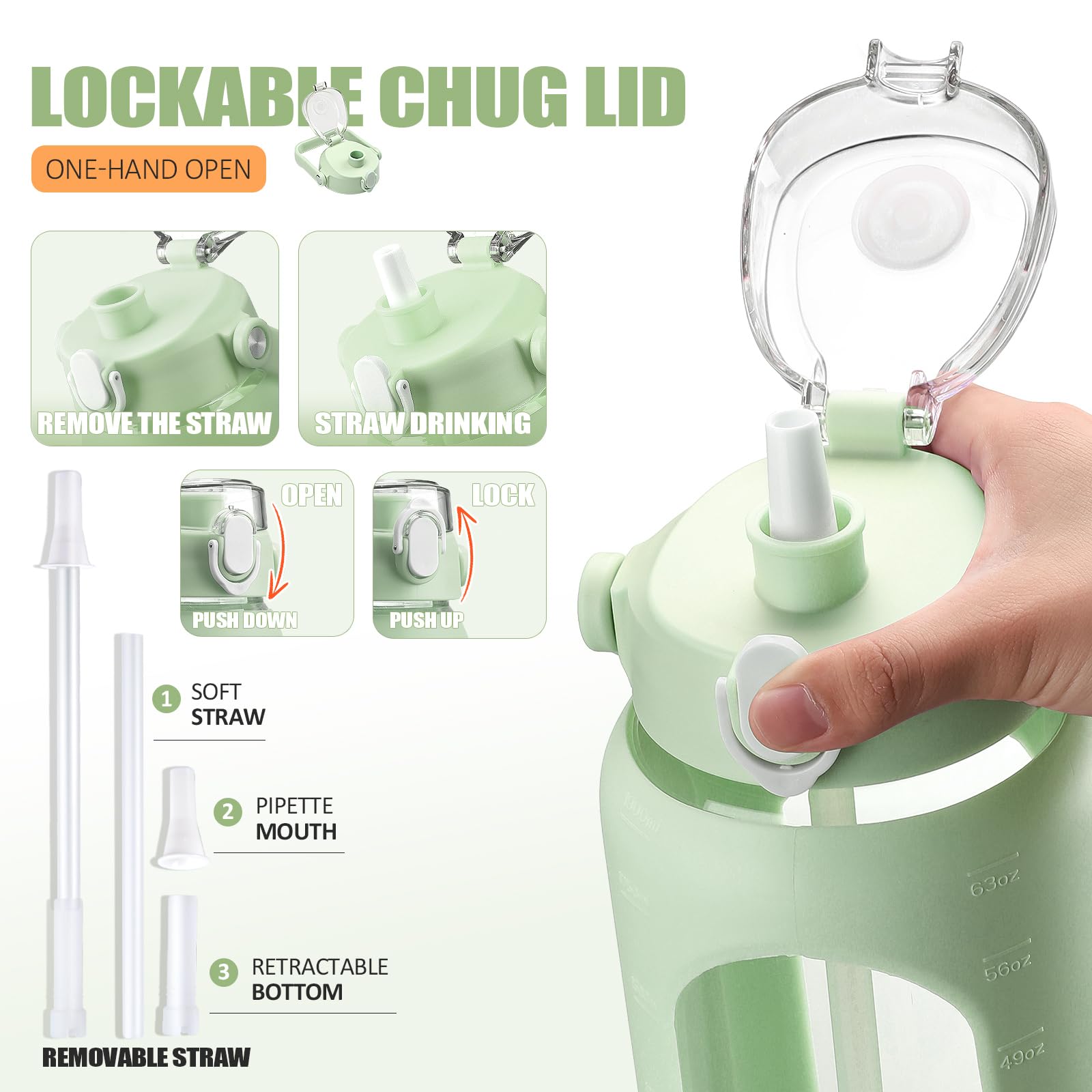 Bluego 64Oz Glass Water Bottles With 2 Lids Flip Lid And Spout Lid Half Gallon Water Bottle