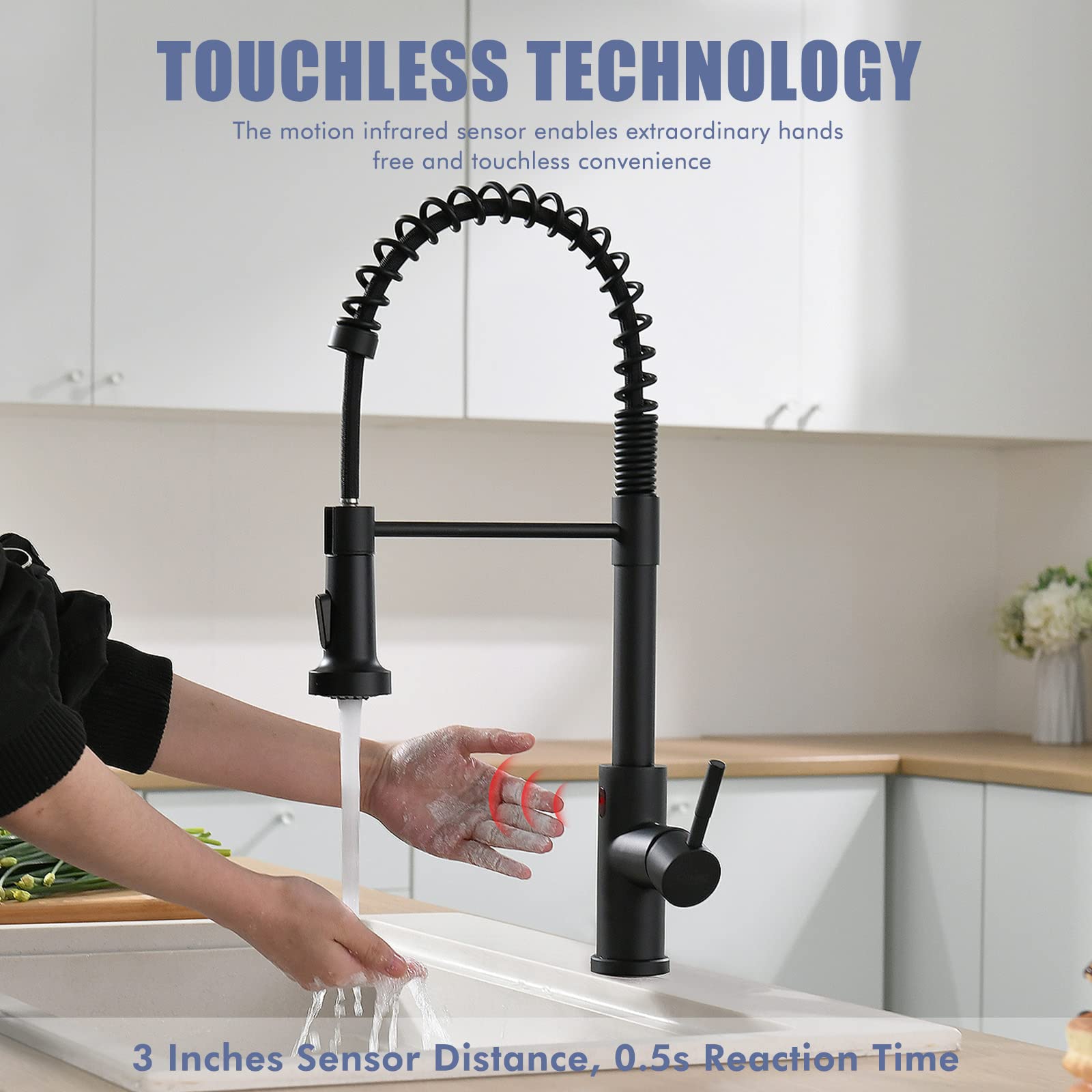 Gimili Matte Black Touchless Kitchen Faucet Motion Sensor Activated Smart Hands Kitchen Faucets With Pull Down Sprayer Single Handle Spring Kitchen Sink Faucet