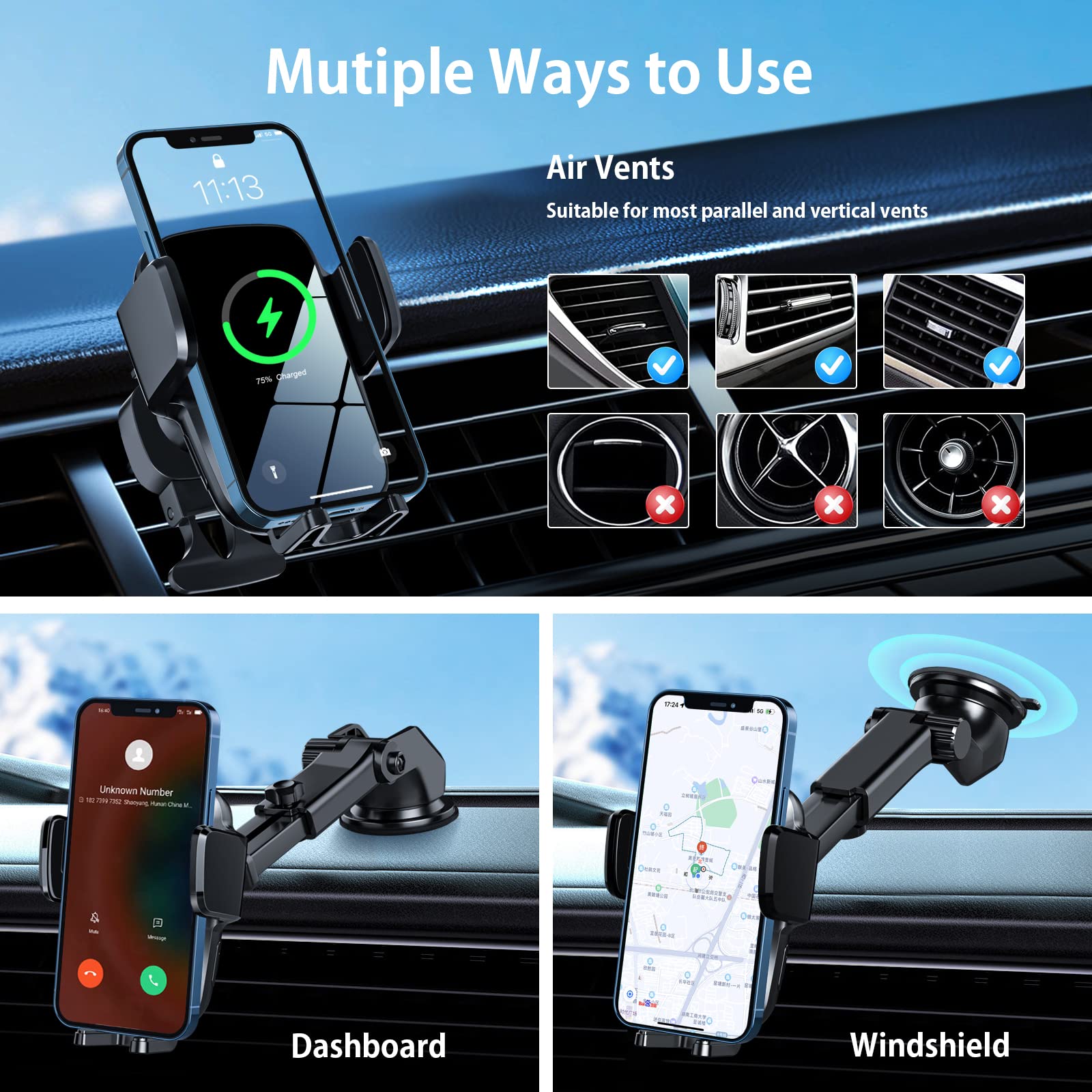 Sonru Wireless Car Charger Mount, 15W Fast Charging Auto-Clamping Car Phone Holder, Windshield Dashboard Air Vent Cell Phone Holder For Iphone 16/15/14/13/12 Pro Plus Max Xs Xr, Samsung Galaxy Google Lg Etc