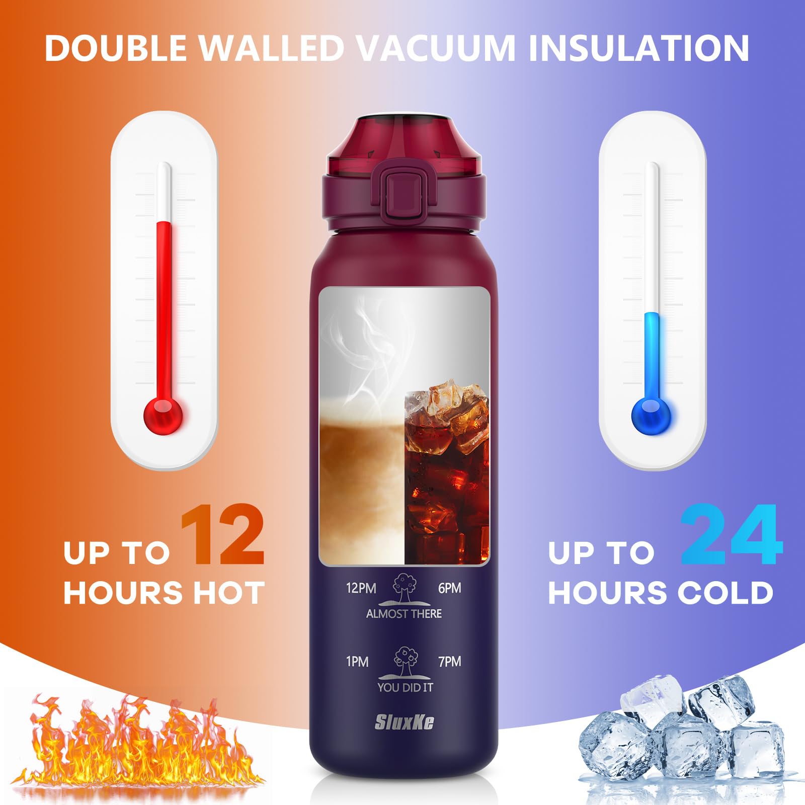 Insulated Water Bottle 32Oz With 2Lids,18/10 Stainless Steel 1000Ml Insulated Water Bottle Double