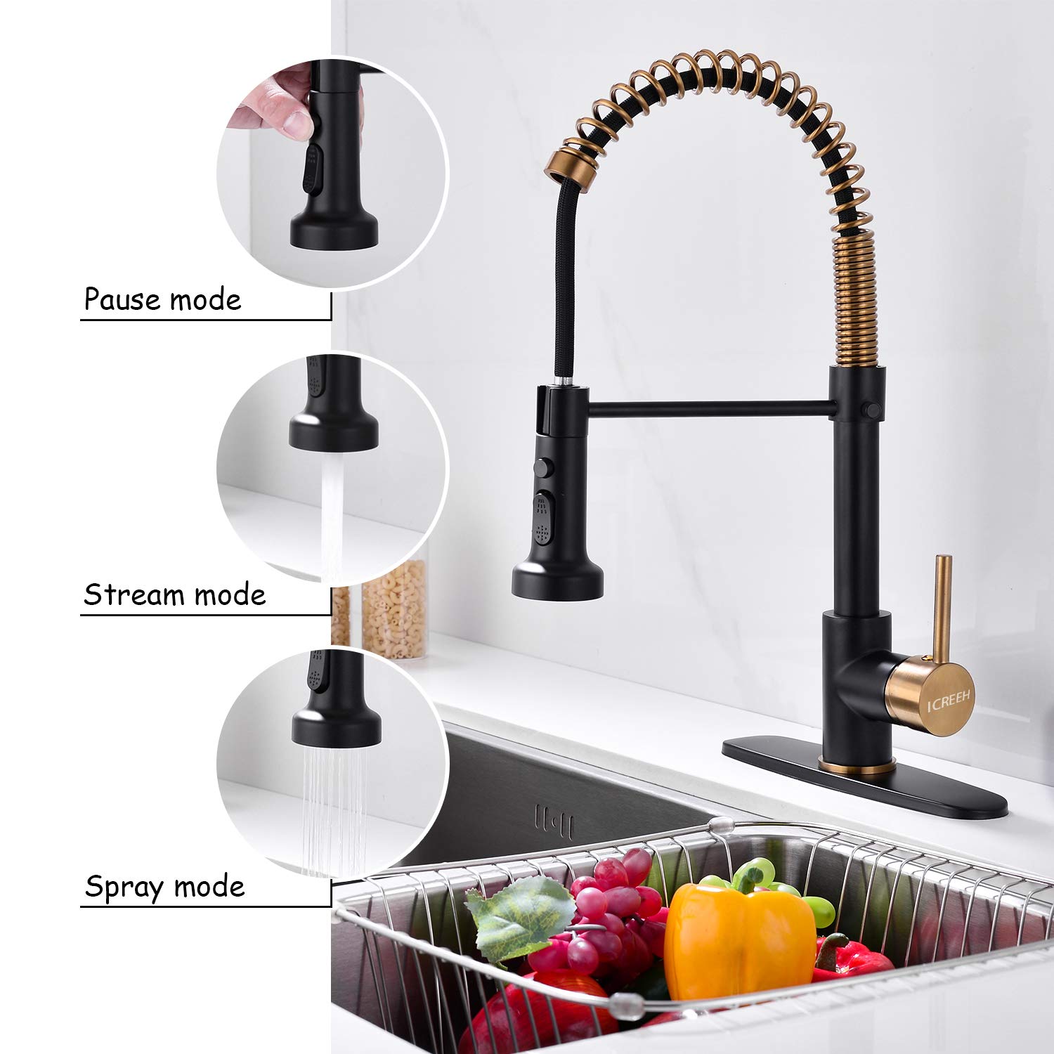 Icreeh Matte Black And Gold Kitchen Faucet,Black And Gold Kitchen Faucet With Pull Down Sprayer Commercial Single Handle Spring For Kitchen Sink,Matte Black & Gold