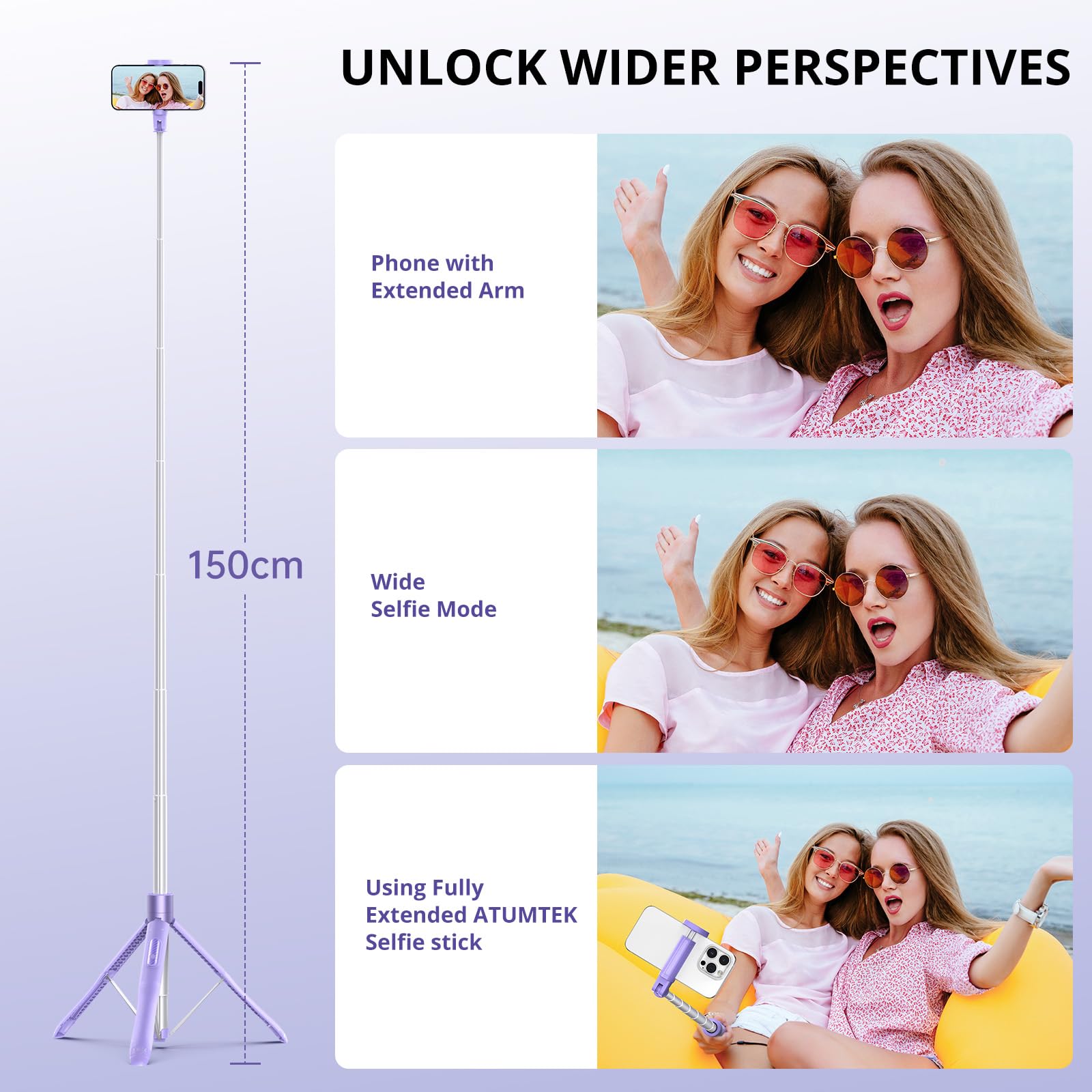 Atumtek 60" Selfie Stick Tripod, All-In-One Extendable Phone Tripod With Bluetooth Remote, Storage Bag Included, For Iphone And Android Phone Selfie, Video Recording, Vlogging, Live Streaming, Purple