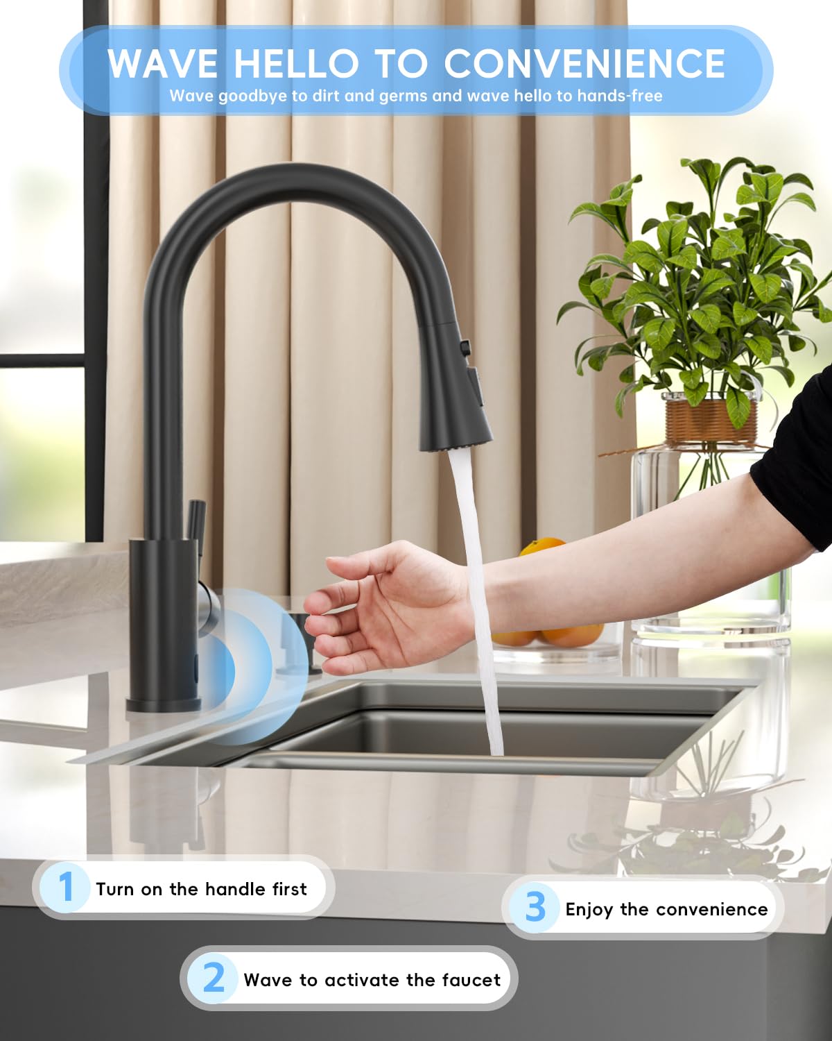 Ajo Bend Touchless Matte Black Kitchen Sink Faucet With Pull Down Sprayer, Motion Sensor Touch On Faucets For Kitchen Sink, 360° Swivel Spout