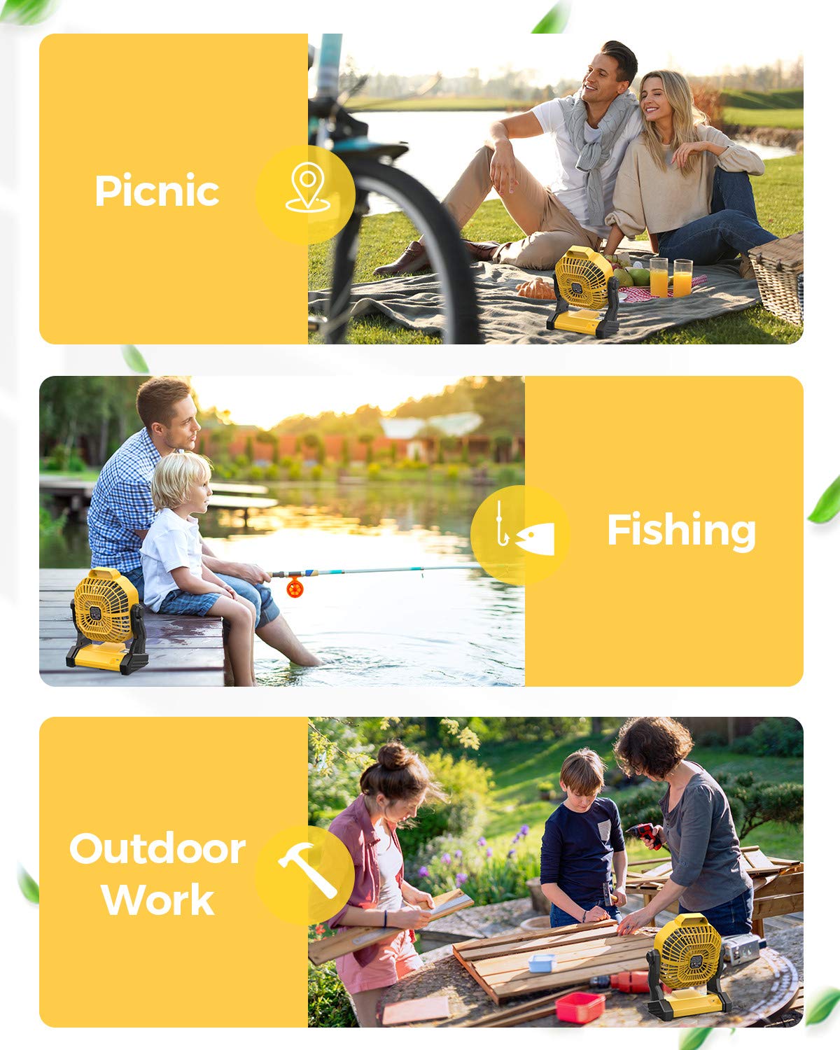 Back panel of the camping fan displaying USB charging ports and battery indicators