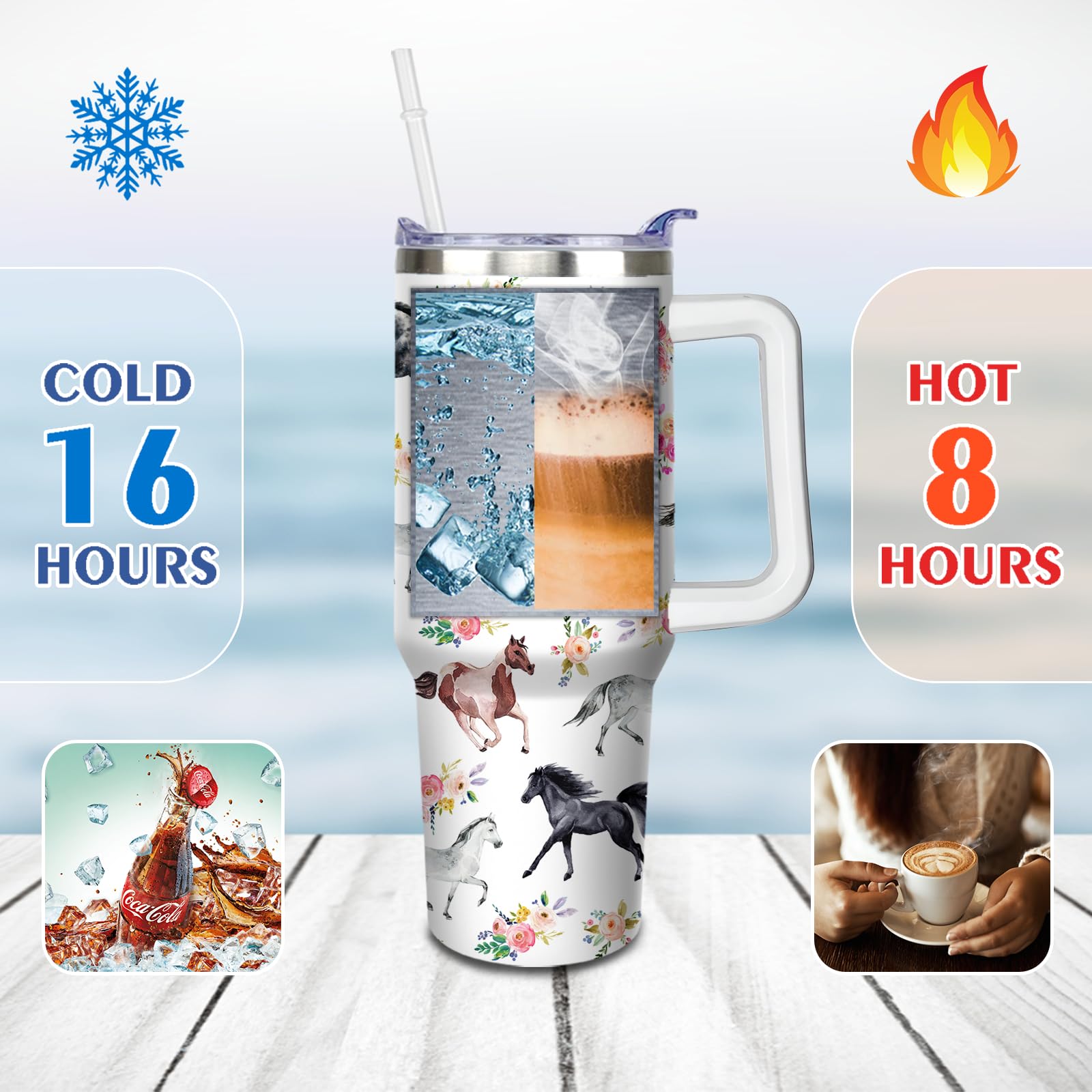 30 Oz Horse Tumbler With Handle And Straw, Floral Stainless Steel Vacuum Insulated Travel Coffee