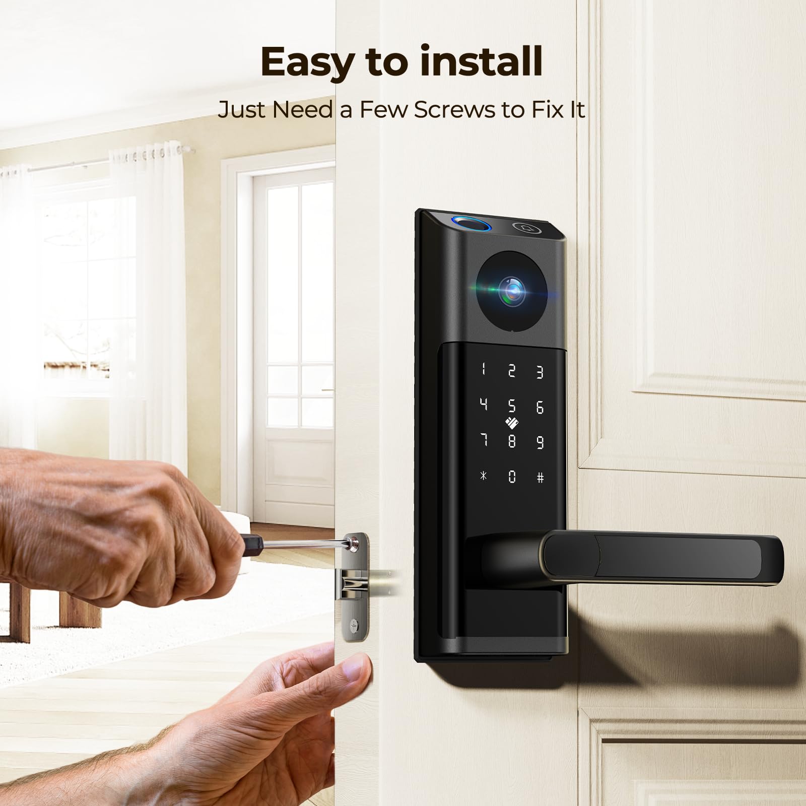 Camcamp Video Smart Lock With Camera & Doorbell, 5-In-1 Keyless Entry Door Lock With Handle, Fingerprint+Keypad Code+App Remote Control+Ic Card, Auto Lock, Wi-Fi Smart Deadbolt For Front Door, Apartment