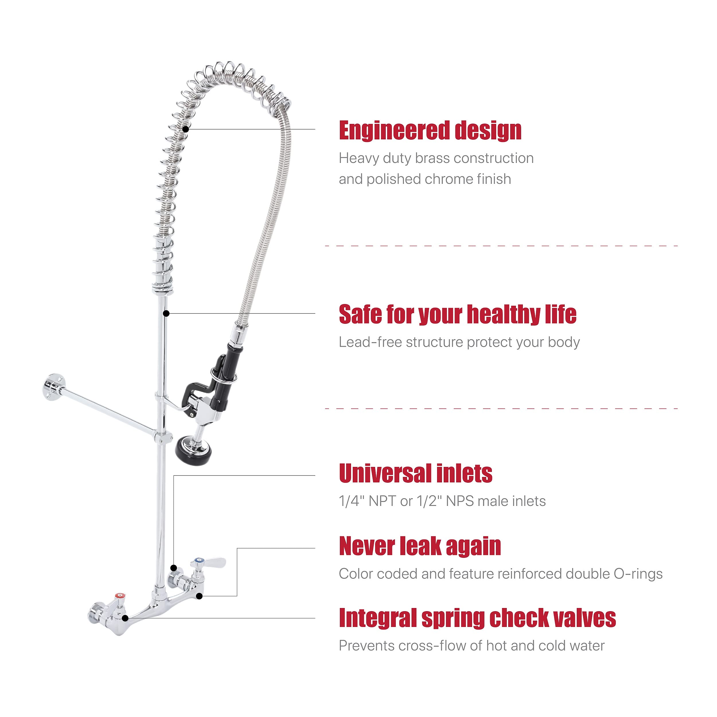 Durasteel Commercial Kitchen Sink Pre-Rinse Faucet - 38" Height 8" Center No-Lead Wall Mount Industrial Faucet W/ Pull Down Pre-Rinse Sprayer - Nsf