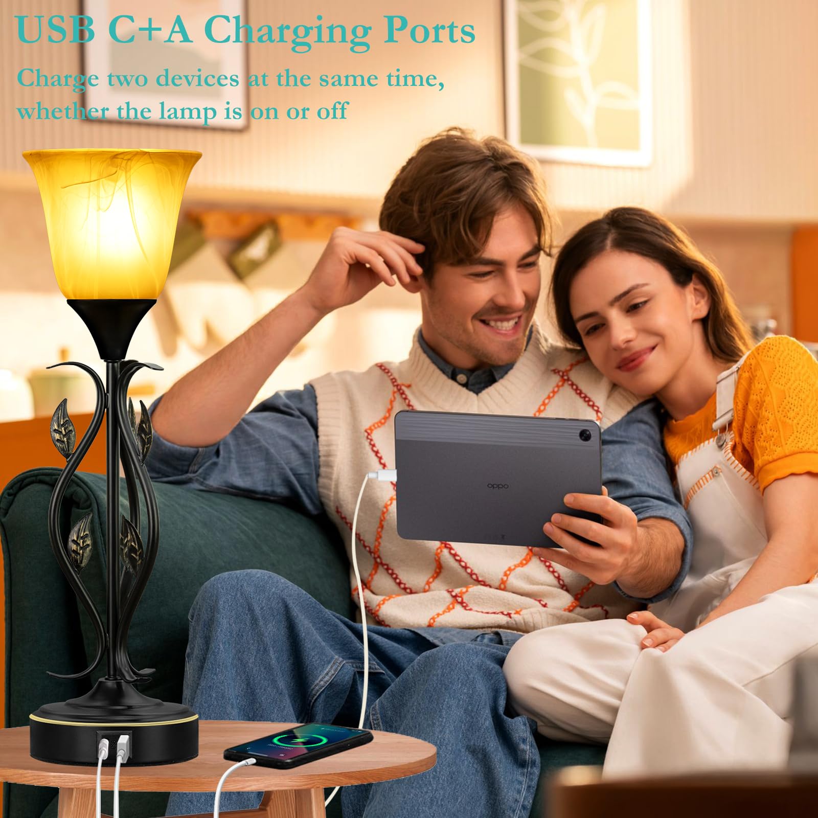 Basdien Amber Glow Touch Table Lamps Set Of 2 – 20” Dimmable Bedside Lamps With Usb A And C Ports, Elegant Vine And Leaf Design, Ideal For Bedroom, Living Room, Nightstand, And Reading