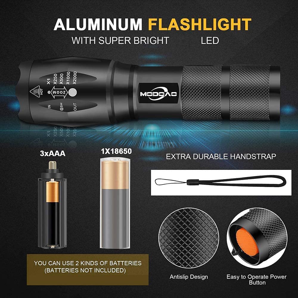 Modoao 3Pack Super Bright Flashlights High Lumens Led Flashlight With Zoomable Beam - Mini Flashlights For Camping, Hiking, Dog Walking - Powerful Emergency Flashlights With 5 Modes For Outdoor Use