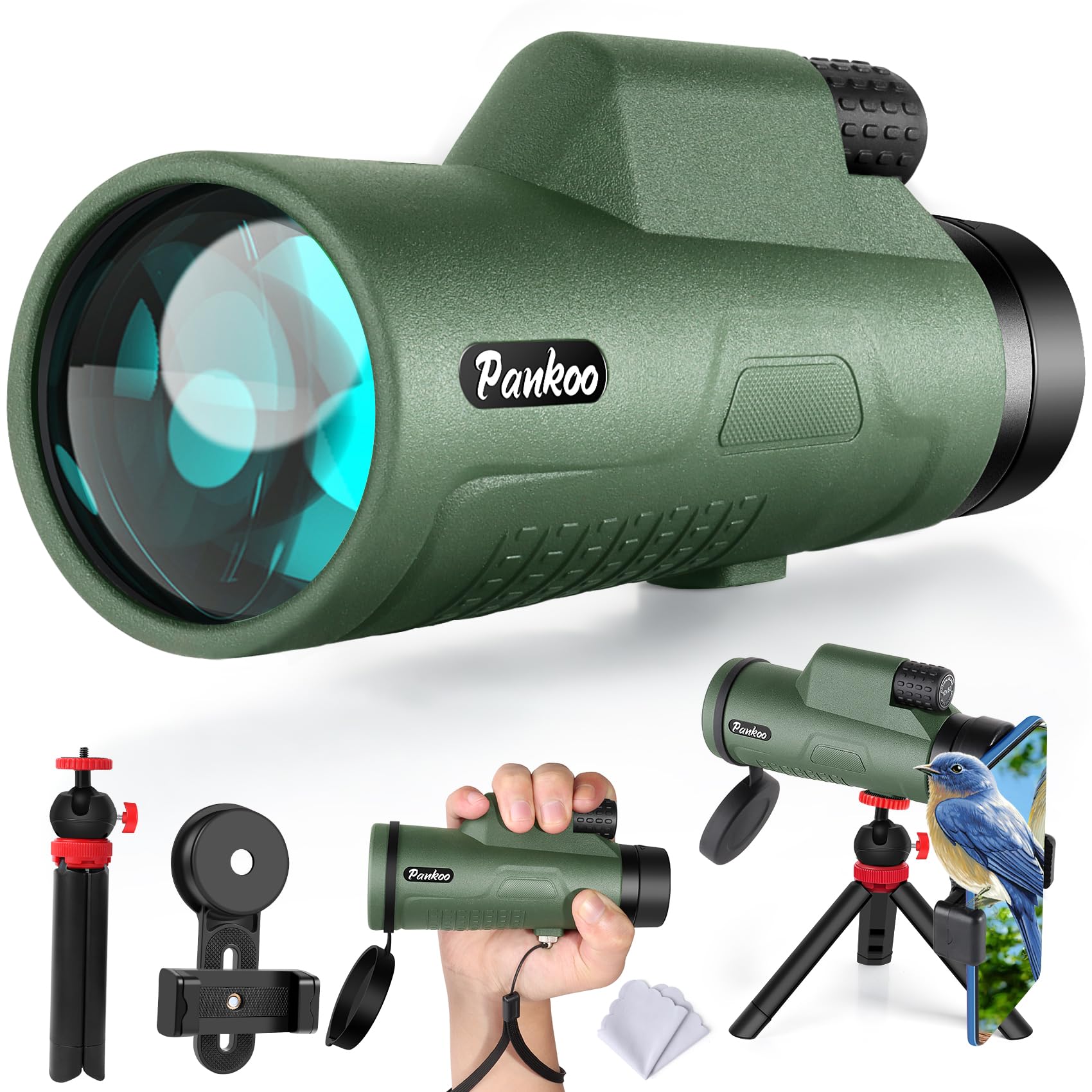 Pankoo 12X50 High Magnification Monocular For Adults - With Smartphone Adapter, Tripod & Hand Strap - Bak4 Prism & Fmc Lens - Suited For Birding, Sports, Hiking & Travel