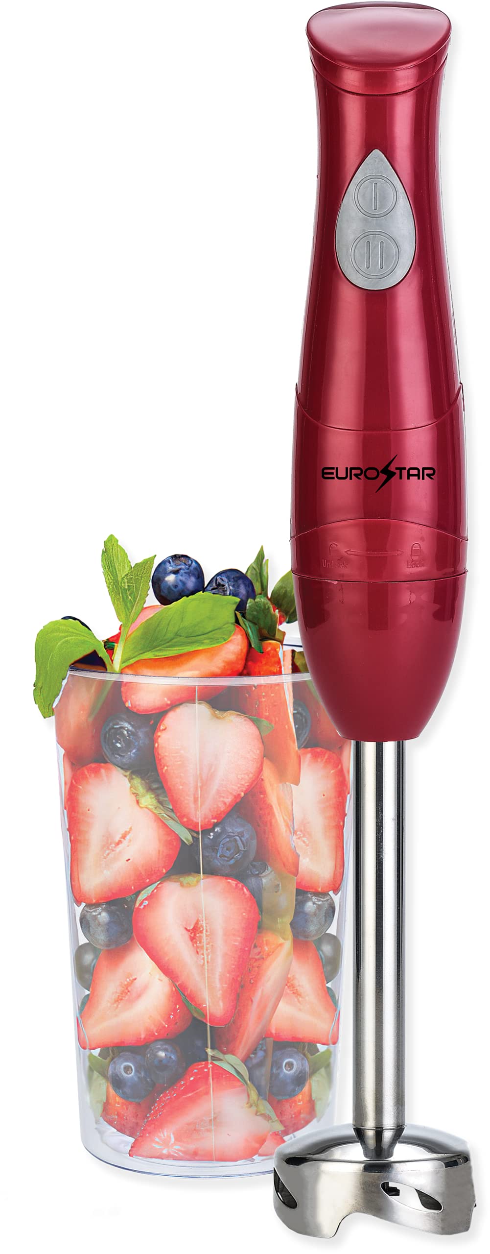 Eurostar 2-Speed Hand Blender With Stainless Steel Detachable Shaft, Red