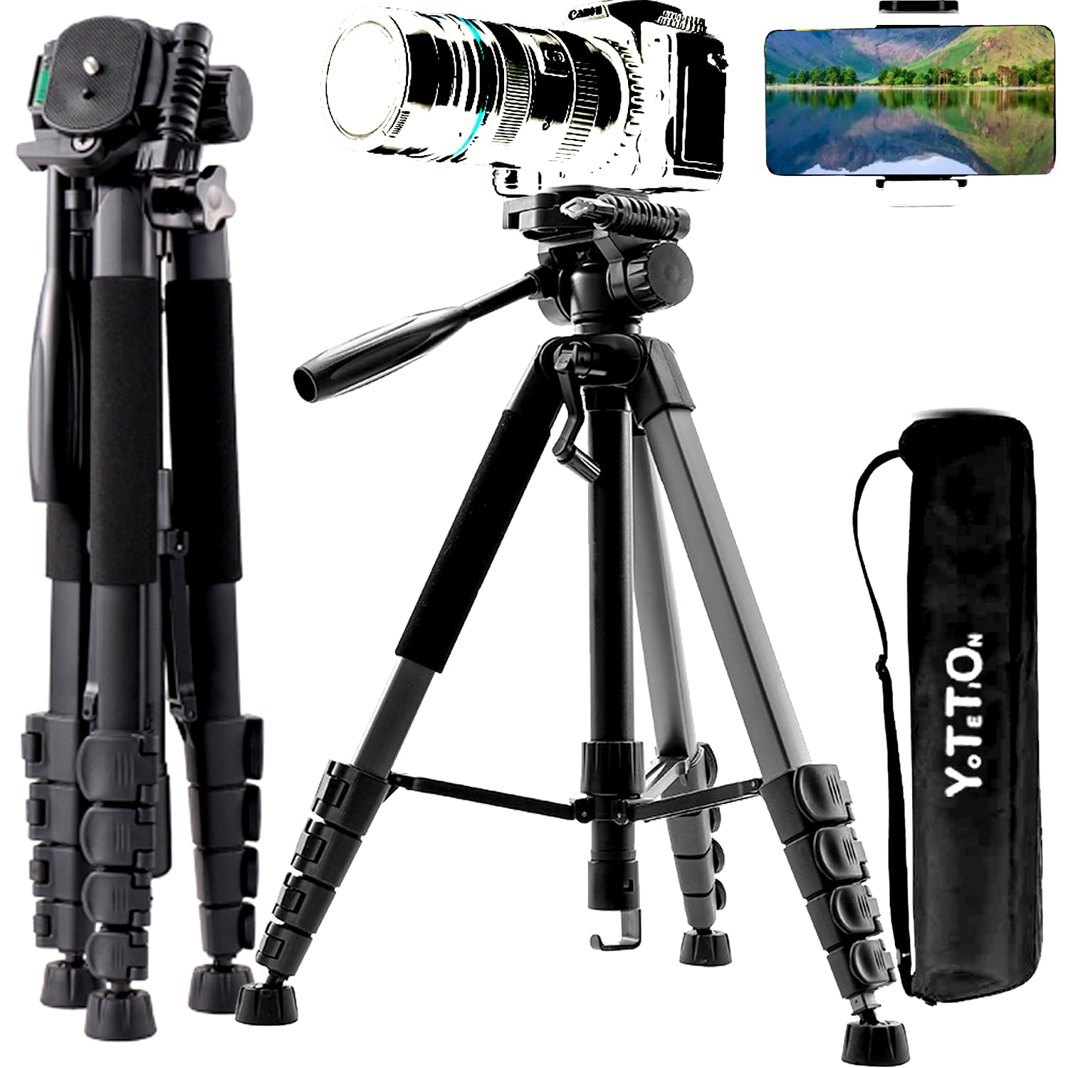 Yotetion 67" Aluminum Phone & Camera Tripod, Extendable Cell Phone Tripod Stand Compatible With Iphone/Android/Action Camera Is Perfect For Live Streaming/Video Recording/Selfies