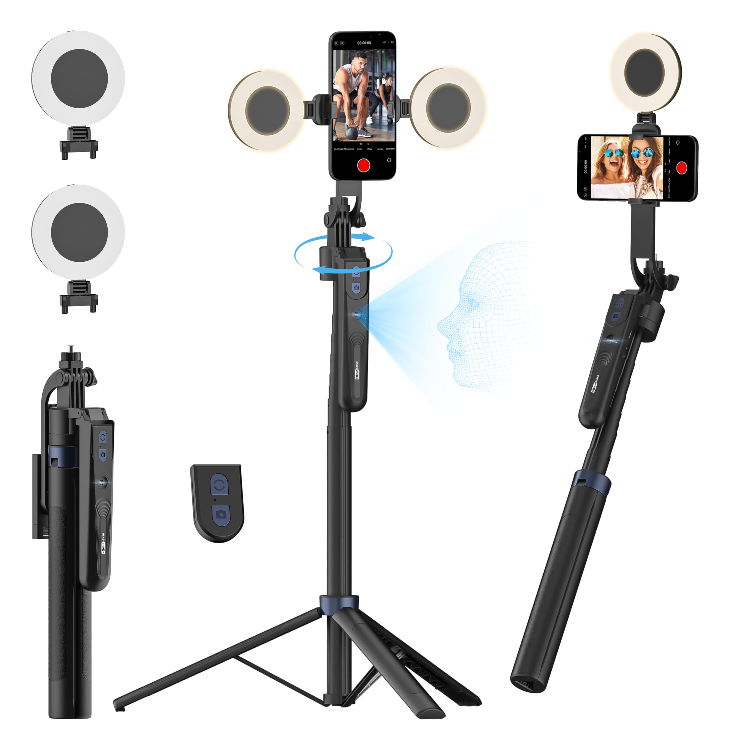 Uskeyvision Auto Face Tracking Tripod 360 Rotation,Phone Tripod For Iphone W/Fill Light,Selfie Stick For Iphone W/Remote Control,70” Phone Holder Video Recording For Content Creators Tiktok(Utk-02)