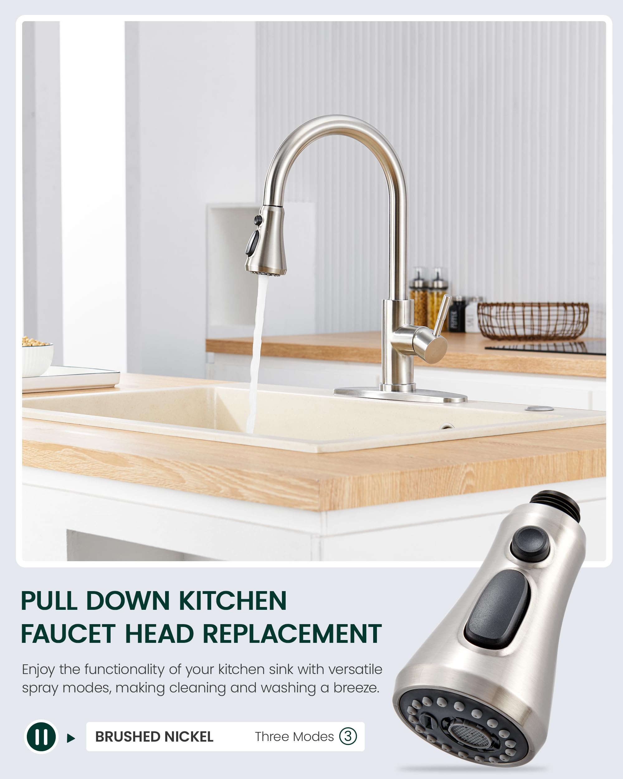 Heisok Kitchen Faucet Head Replacement, 3-Function Pull Down Faucet Spray Head With 15 Adapters - Replacement Pull-Out Sink Spout Sprayer Nozzle, Brushed Nickel