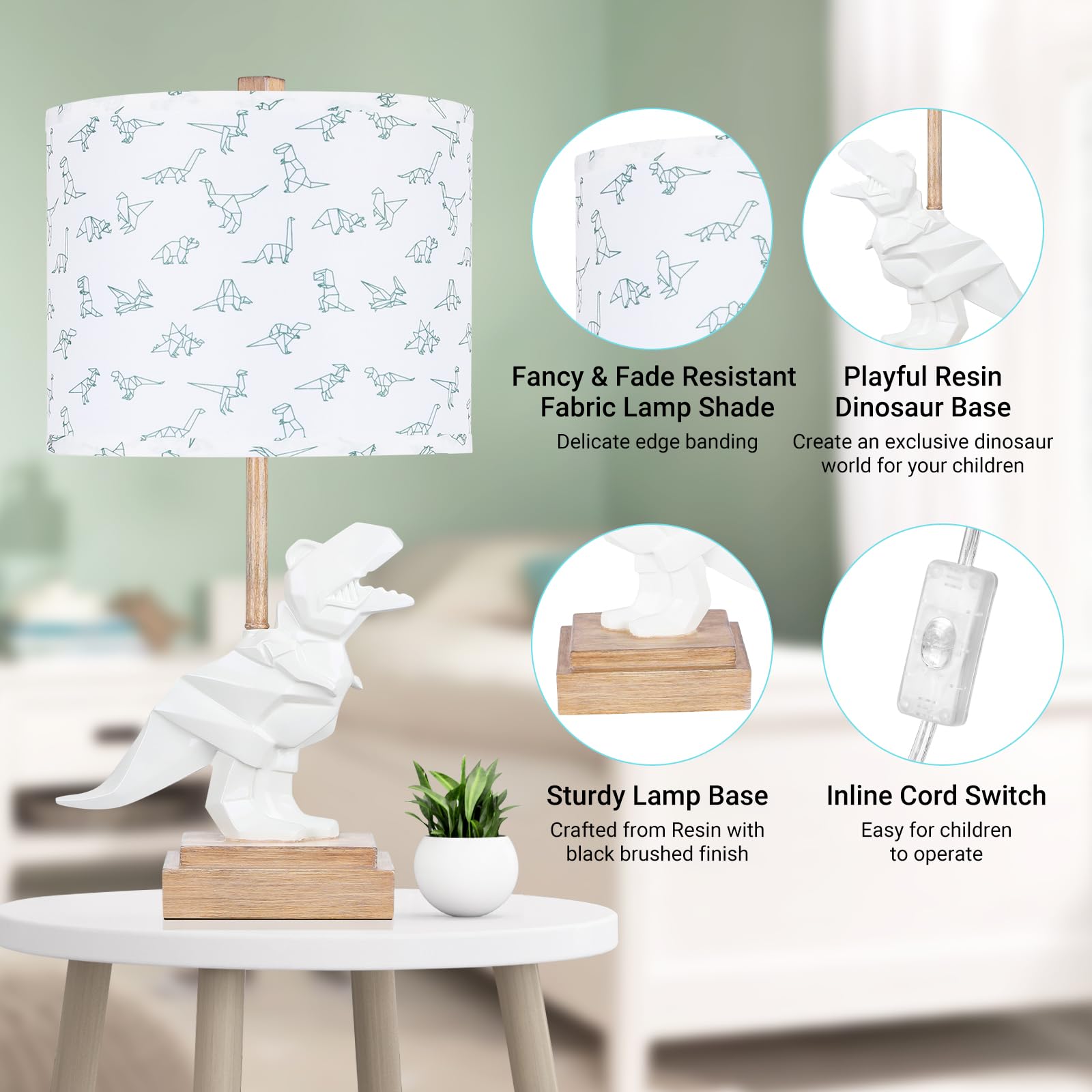 Hamucd Kids Dinosaur Table Lamp For Boys Girls Bedroom 23" Bedside Lamp For Children Cute Small White Nightstand Lamp For Nursery(Led Bulb Included)