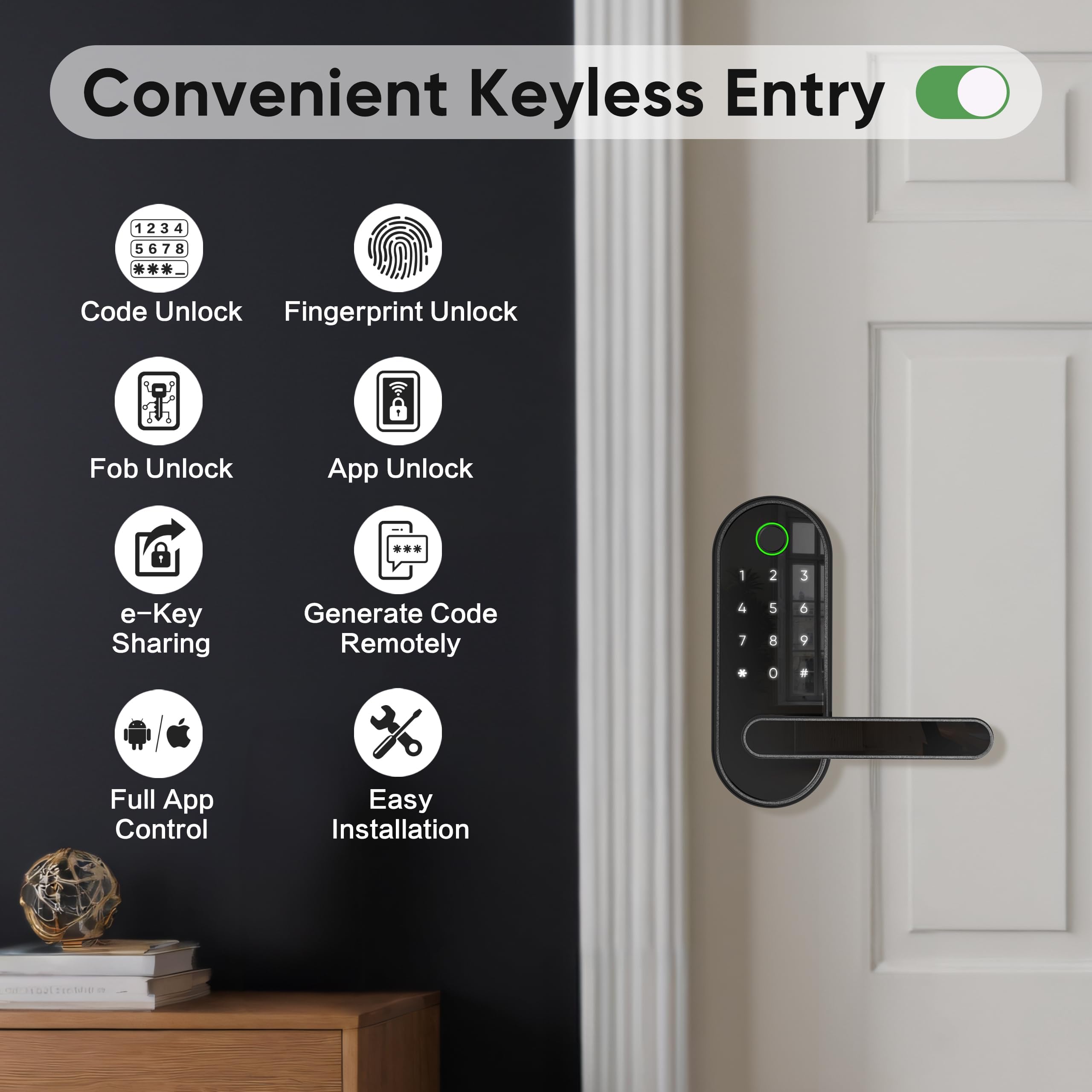 Dermum Keyless-Entry Fingerprint Digital Smart Lock: Electronic Door Lock With Code Passcode, Electric Door Knob, Biometric Door Handle (Black)