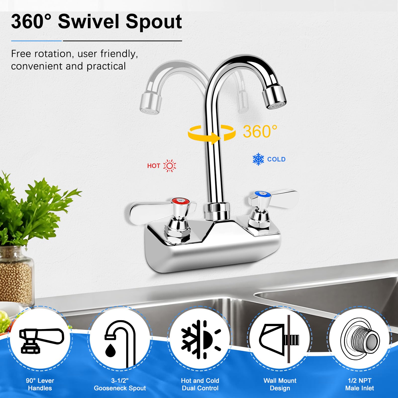 Zkdausdo 4 Inch Center Commercial Sink Faucet Wall Mount Kitchen Hand Sink Faucet, 1/2" Npt Male Inlet, Brass Constructed & Chrome Polished, With 3-1/2" Gooseneck Spout & Dual Lever Handles