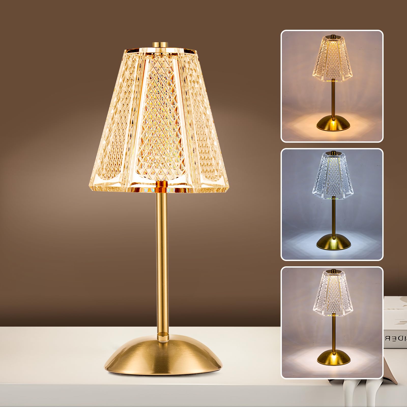 Hapygi Portable Battery Operated Led Table Lamp With Touch Sensor, Gold Cordless Brass Rechargeable Bedside Lamp/Night Light/Restaurant Table/Outdoor/Coffee/Bar