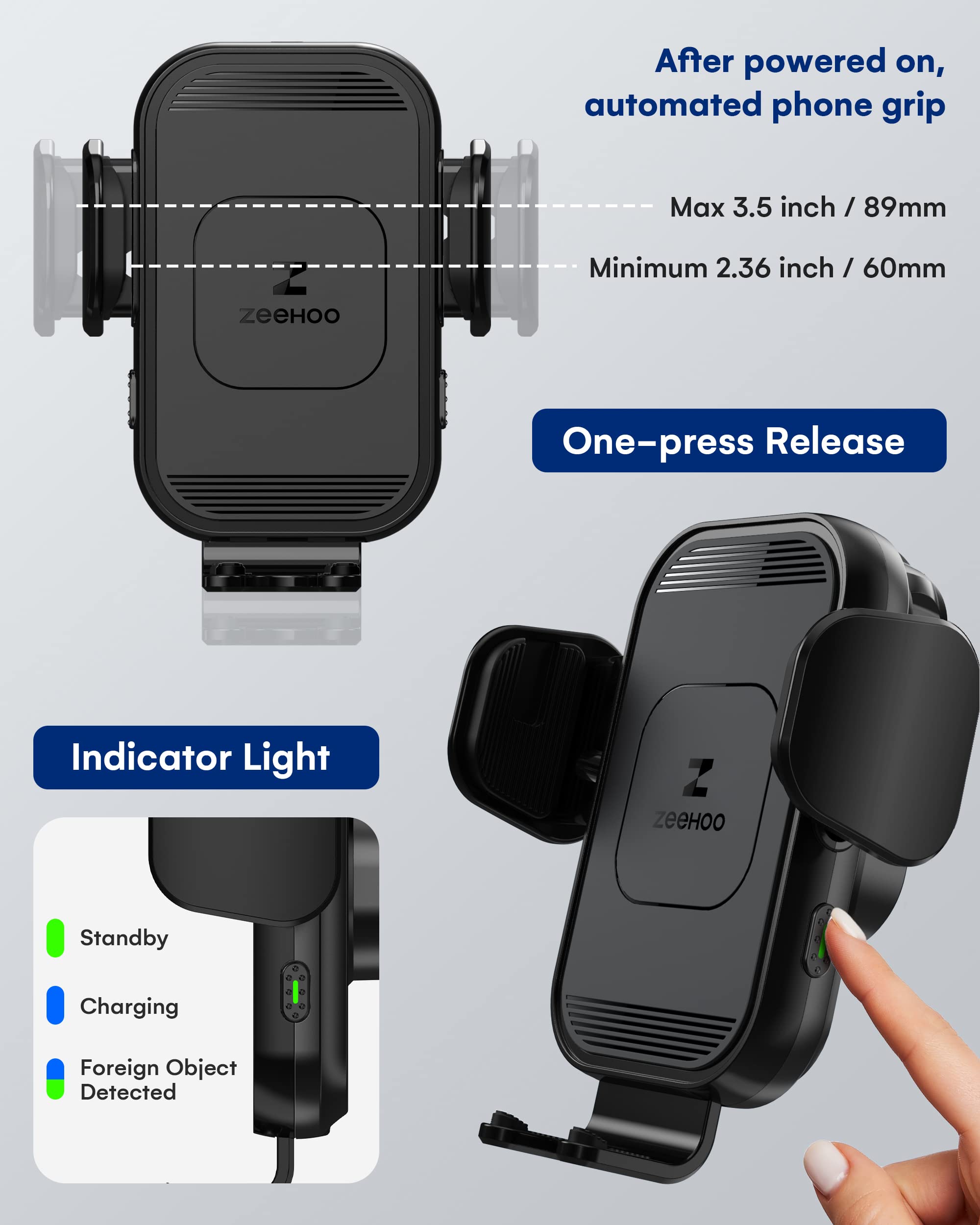 Zeehoo Wireless Car Charger, 15W Fast Charging, Auto Clamping Car Phone Mount, Cell Phone Holder Charger, For Iphone 15 14 13 12 11 Pro Max Xs, Etc. (Black)
