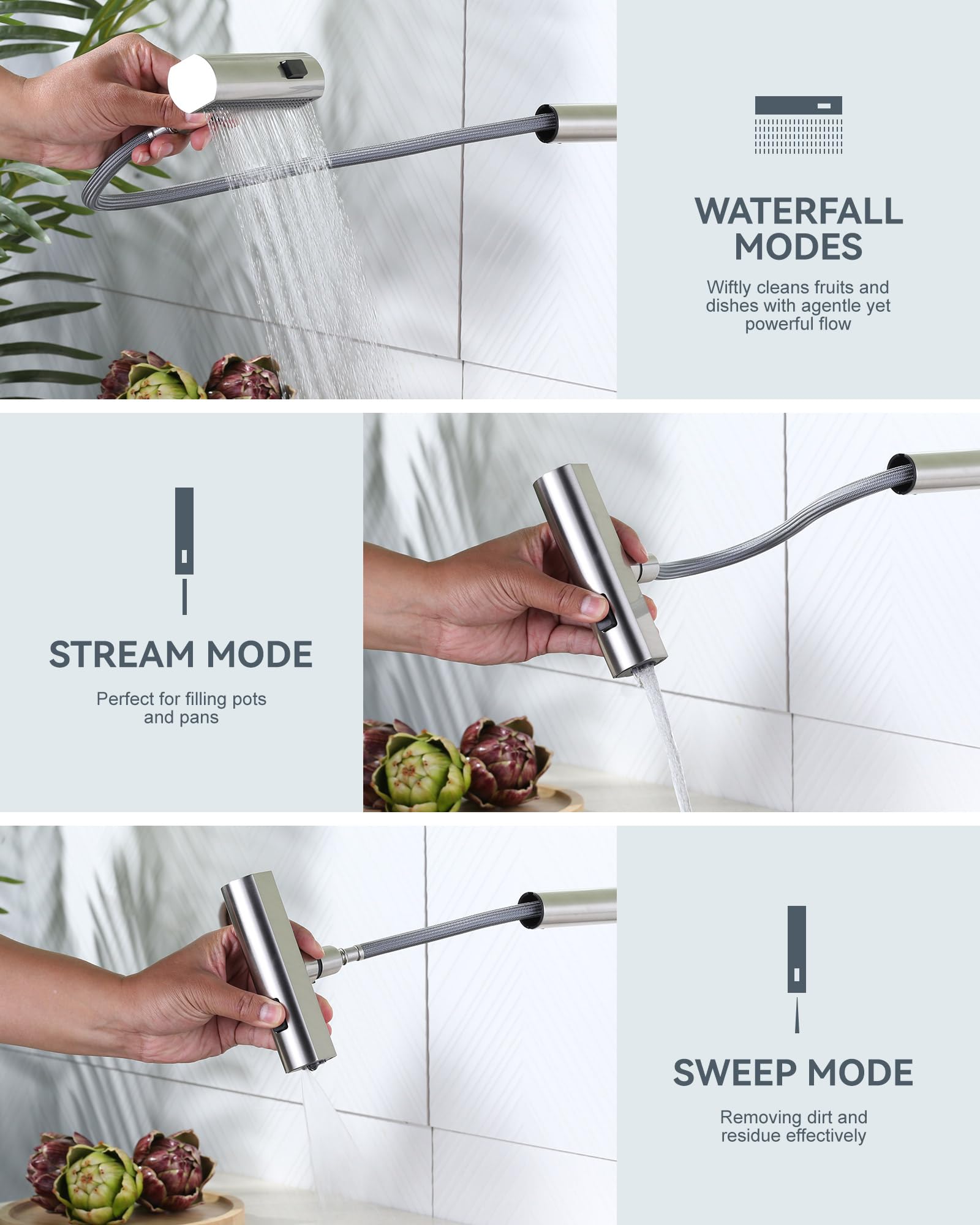 Iviga Waterfall Kitchen Sink Faucet With Sprayer: 3 Modes(Waterfall/Stream/Sweep) Pull Down Sprayer - Brushed Nickel Splash Proof Sink Faucet - Swivel Waterfall Kitchen Faucet For Wash Vegetable Fruit