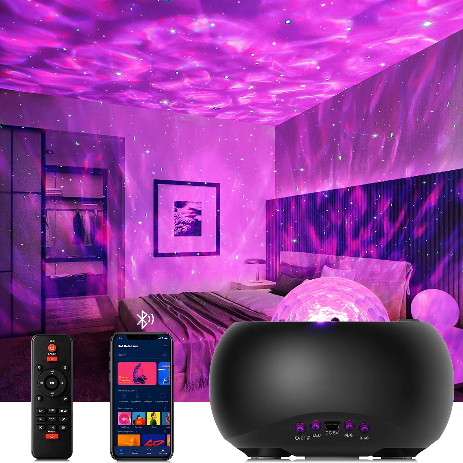 Geanli Star Projector Night Light - Galaxy Projector Light For Bedroom/Party Adults Kids With Bluetooth Music Speaker Voice & Remote Control, No App Needed