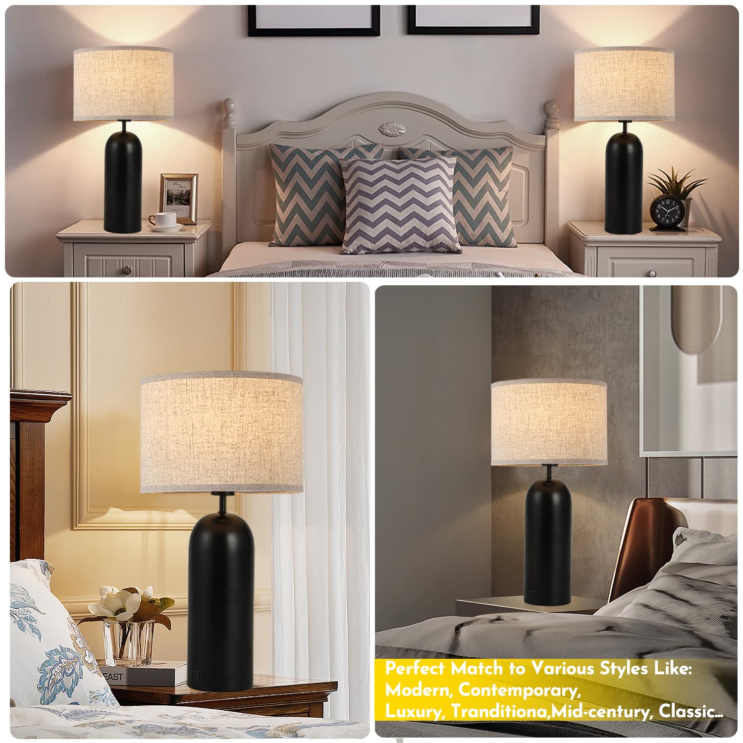 Momyofdy Table Lamps Set Of 2 Touch Control Black&Cream Table Lamps 3-Way Dimmable Lamps With Usb A+C Ports Modern End Table Lamps For Living Room Tall Bedside Nightstand Lamps For Bedroom 22Inch